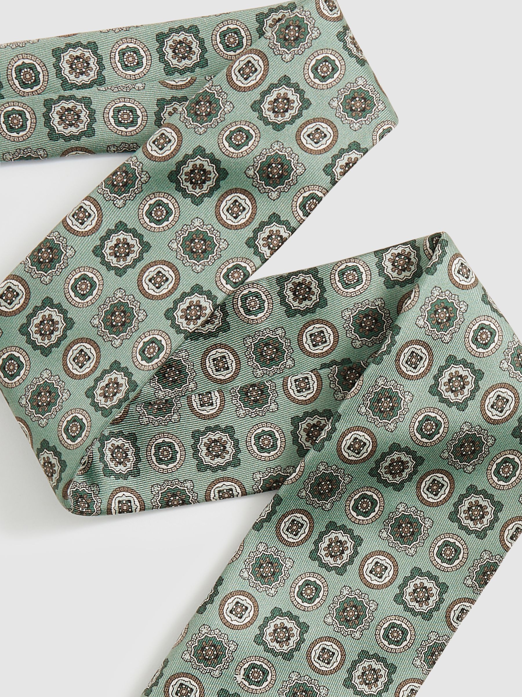 Silk Foulard Medallion Print Tie in Soft Sage