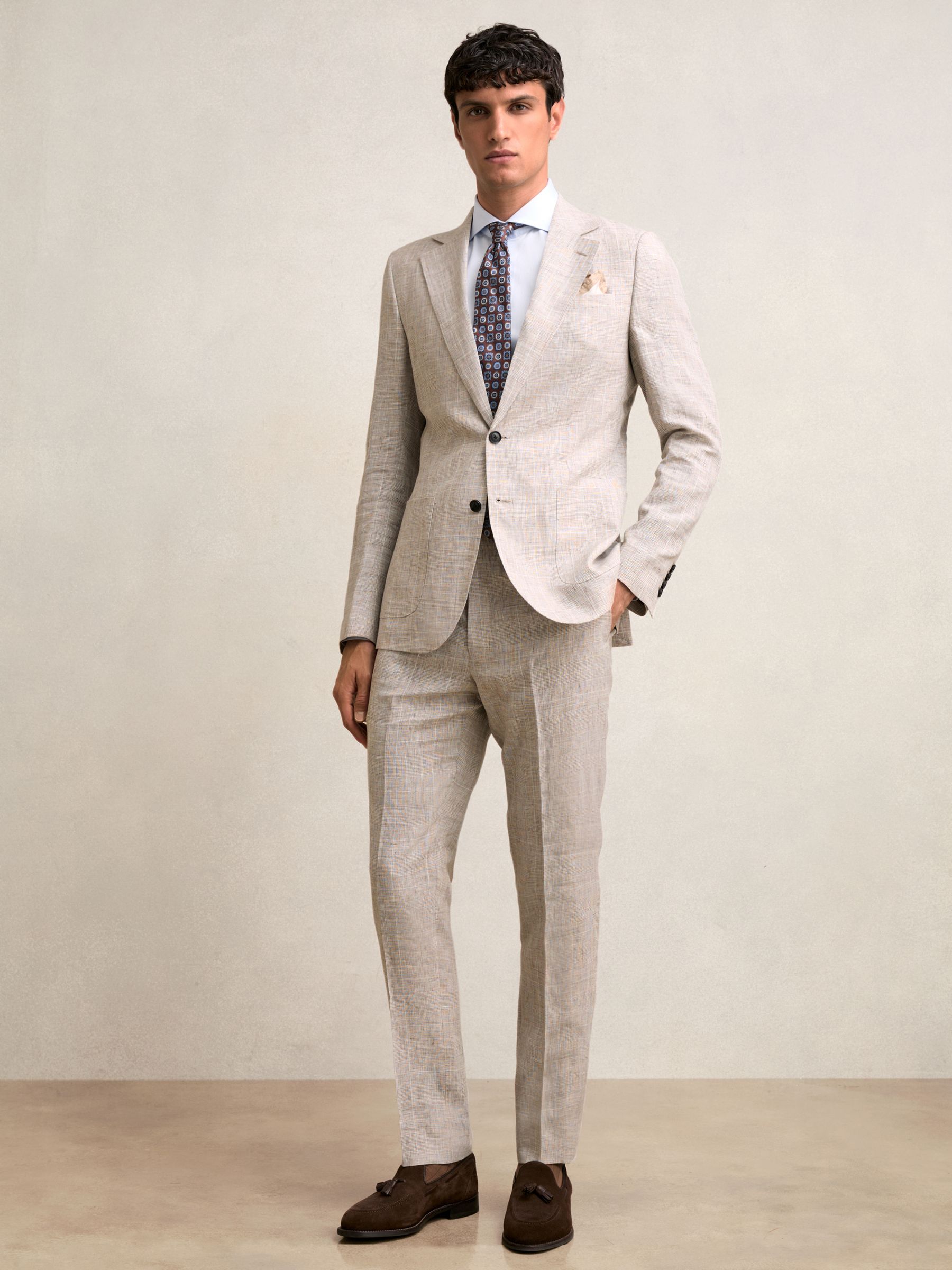 Linen Check Slim-Fit Suit Trousers in Oatmeal