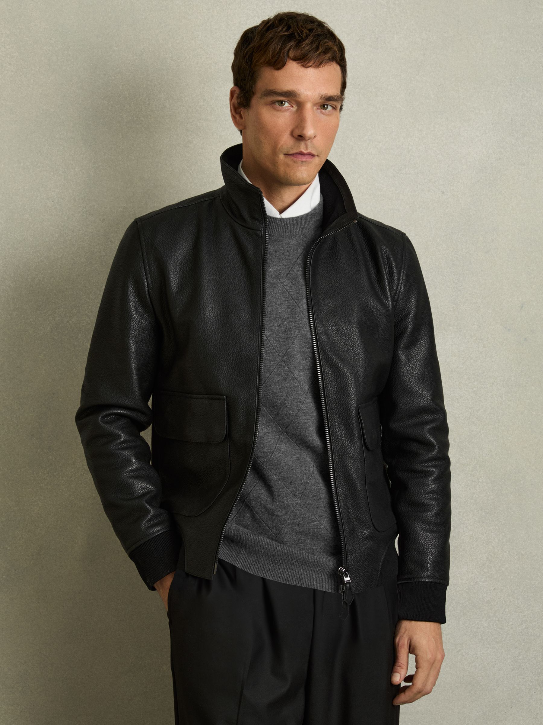 Pebbled-Leather Funnel-Neck Jacket in Black