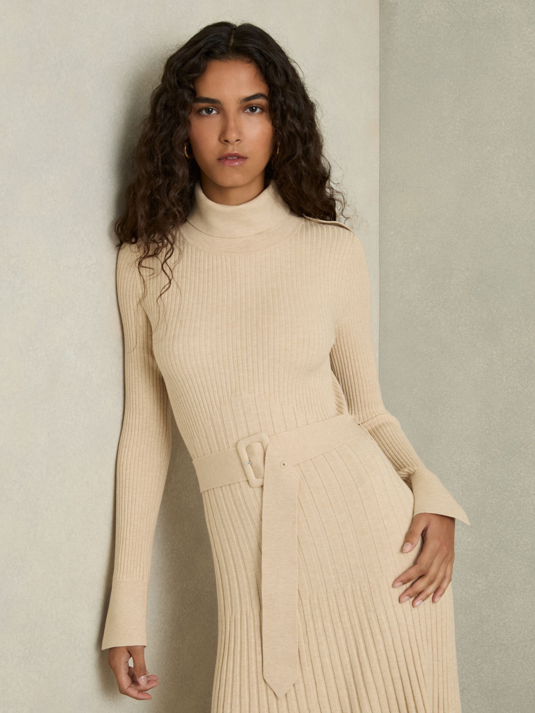 Ribbed Roll Neck Belted Midi Dress in Neutral