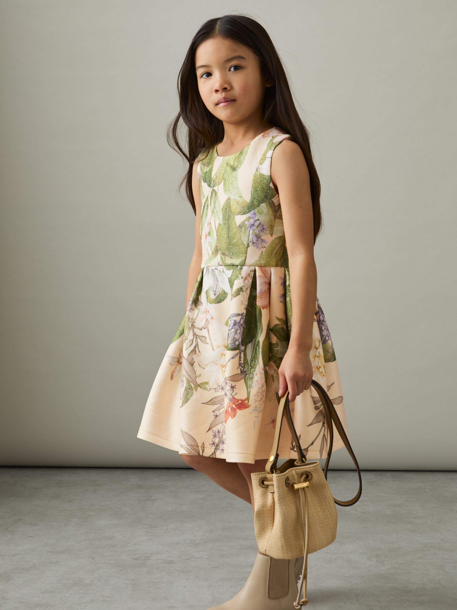 4-9 yrs Floral Scuba Sleeveless Dress in Pink Print