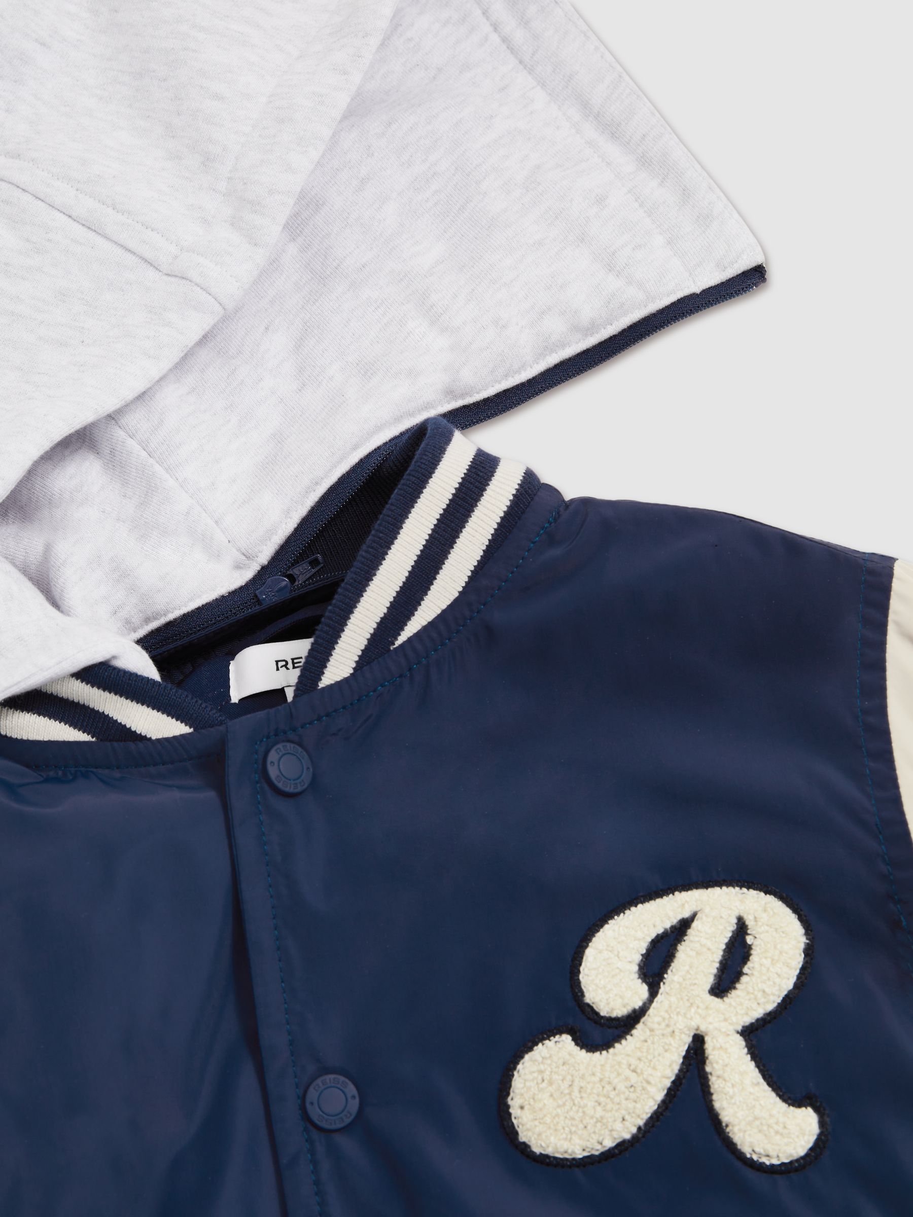 9-13 yrs Logo Patch Hooded Varsity Jacket in Airforce Blue/Off White