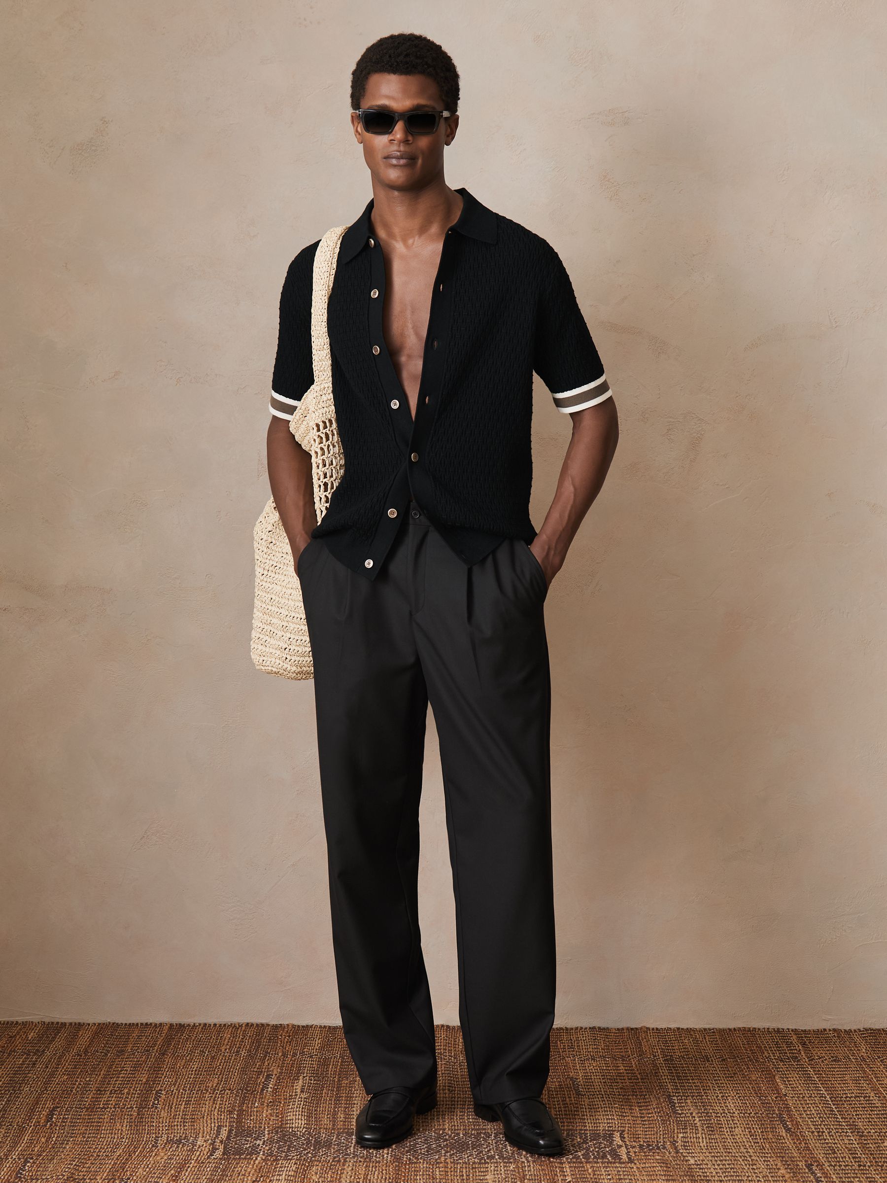 Reiss | Ché Textured Cuff-Trim Shirt in Black