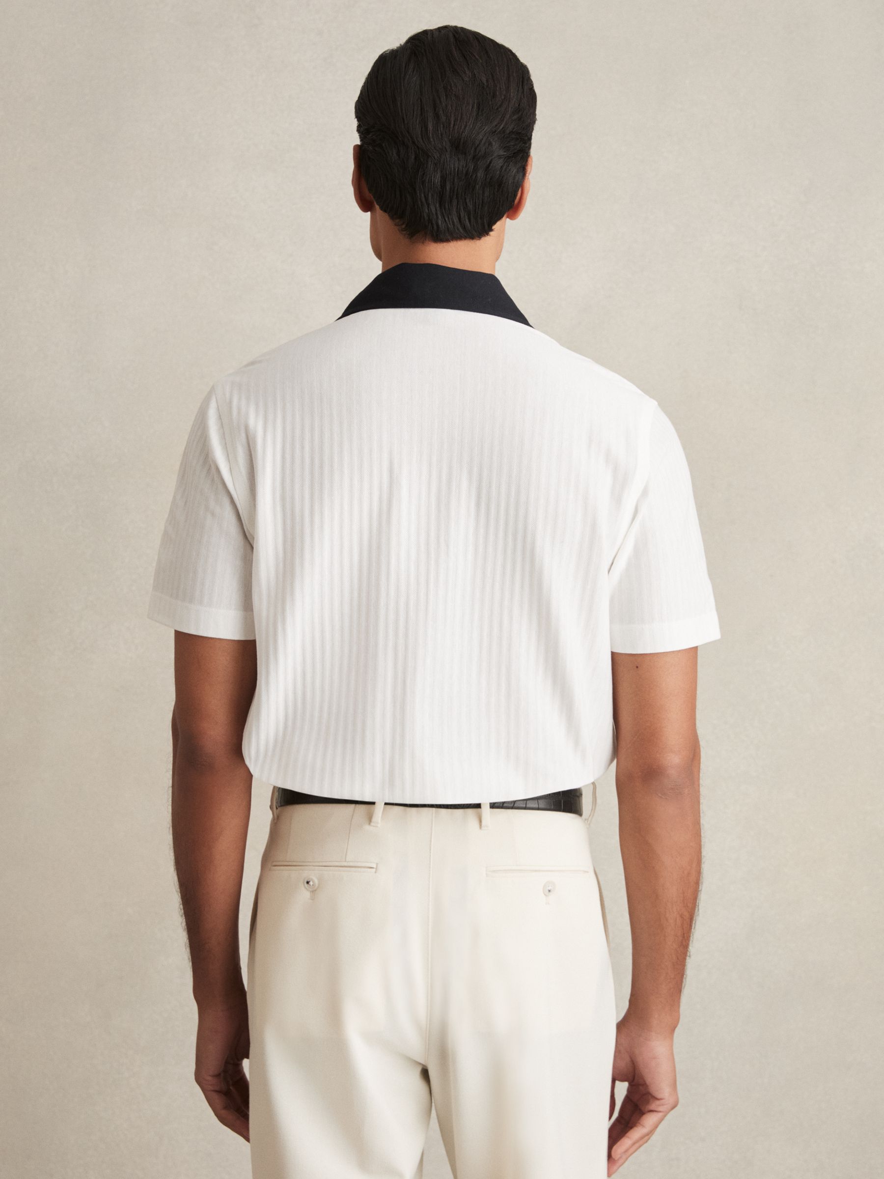 Cotton Textured Colour-Block Shirt in White/Navy