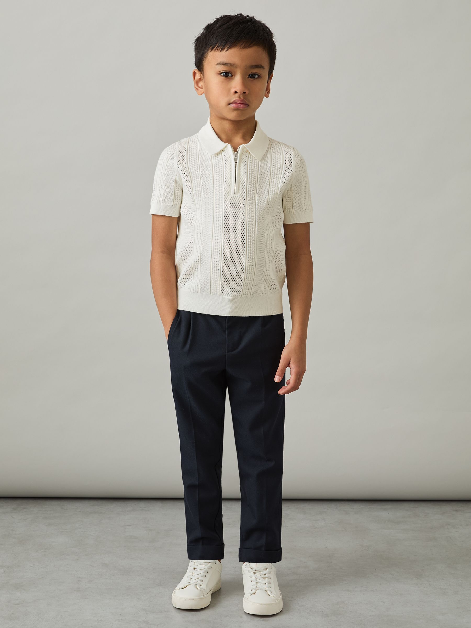 9-13 yrs Textured-Knit Half-Zip Polo Shirt in Optic White