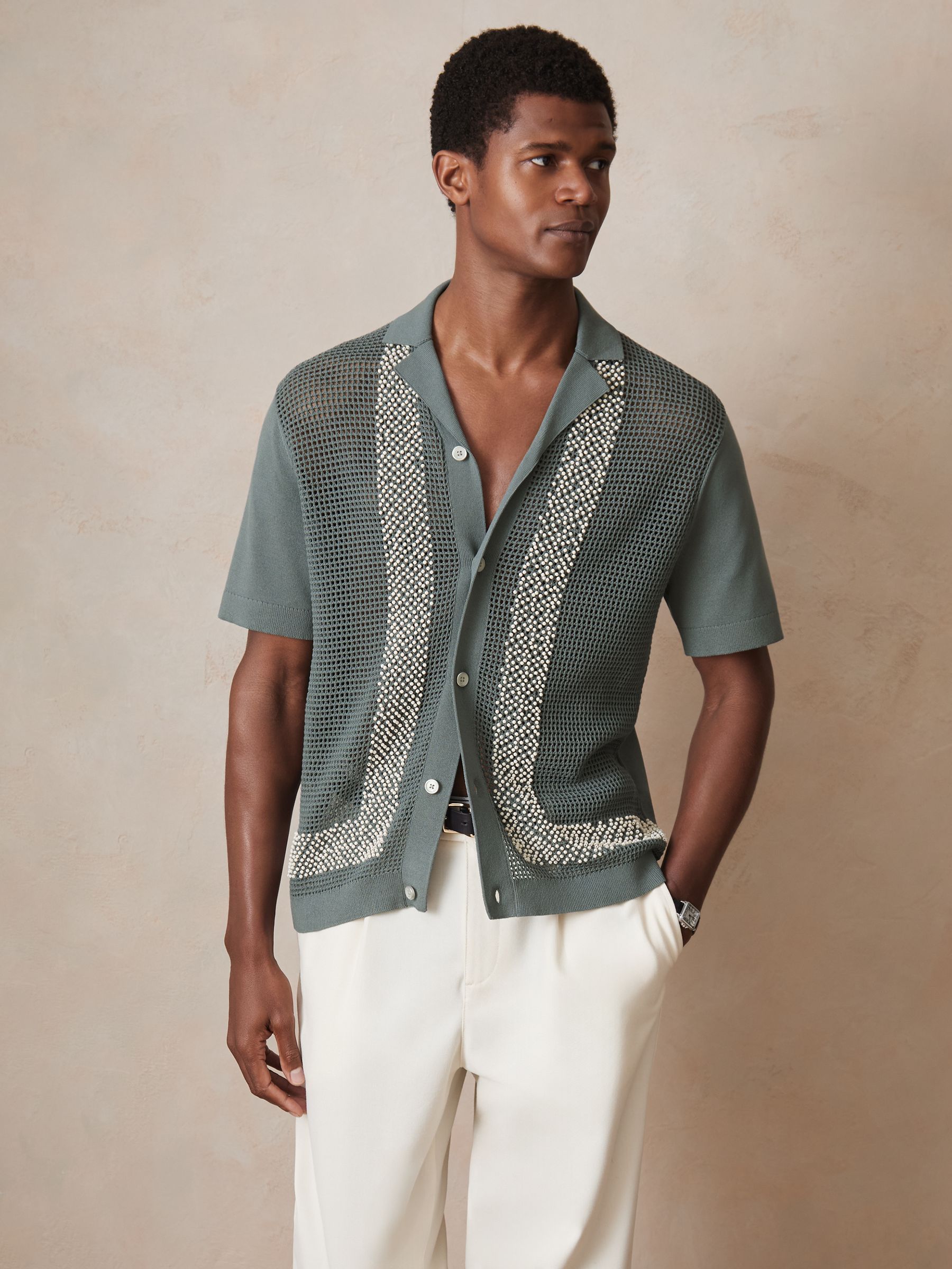 Reiss | Ché Beaded Crochet Shirt in Sage