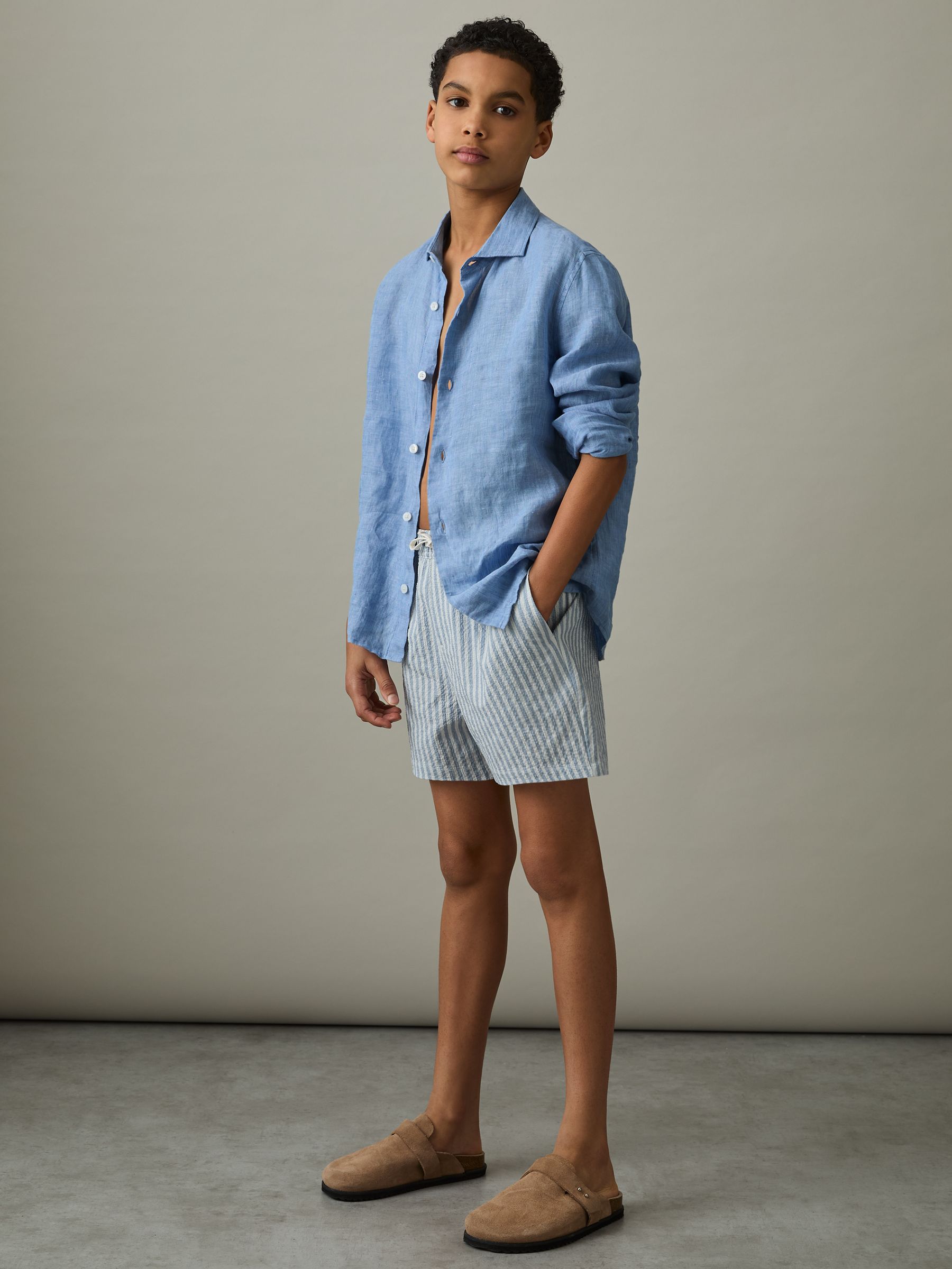 3-9 yrs Seersucker Striped Swim Shorts in Soft Blue/White