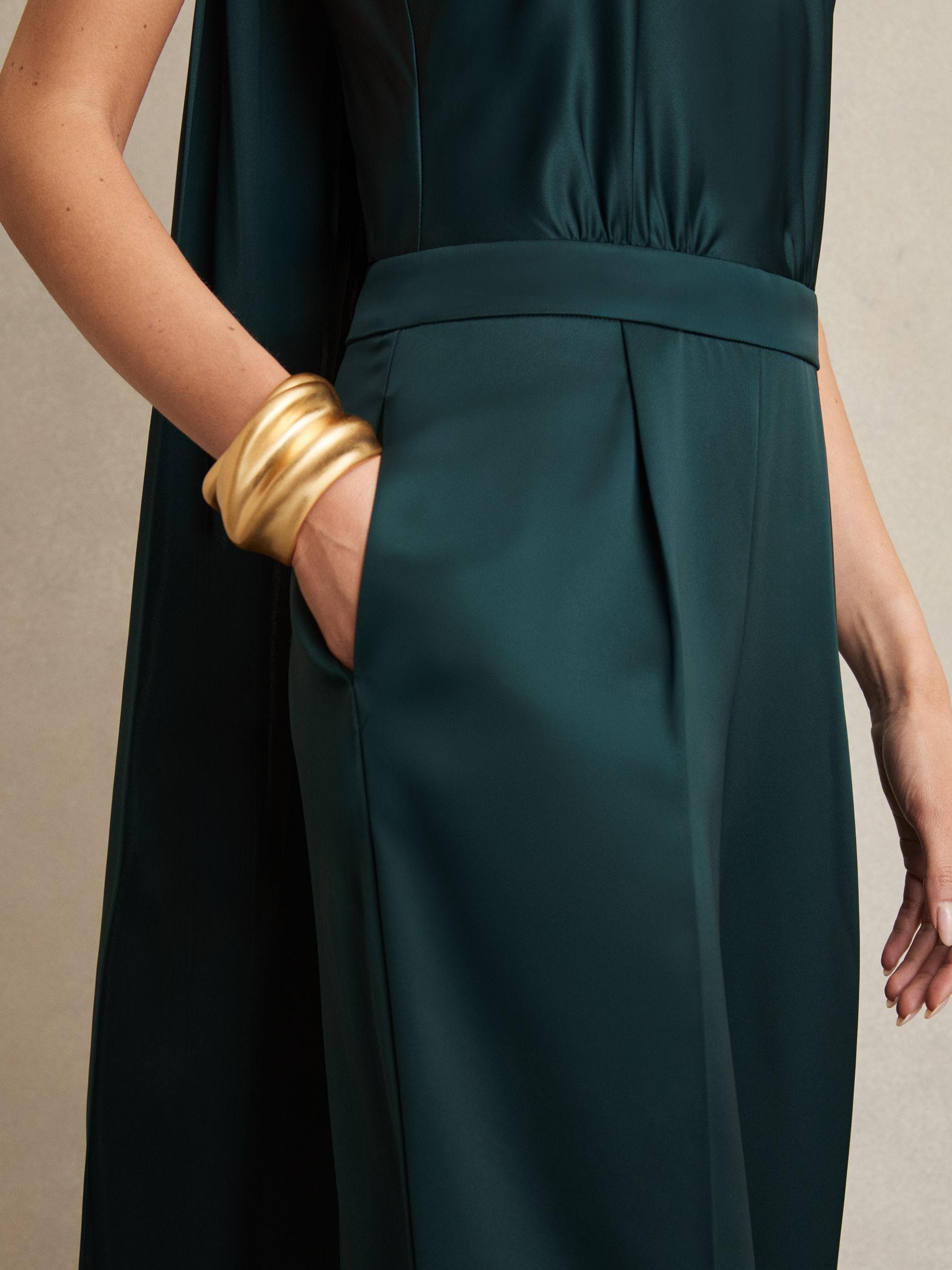 Satin Cape-Sash Jumpsuit in Teal Green