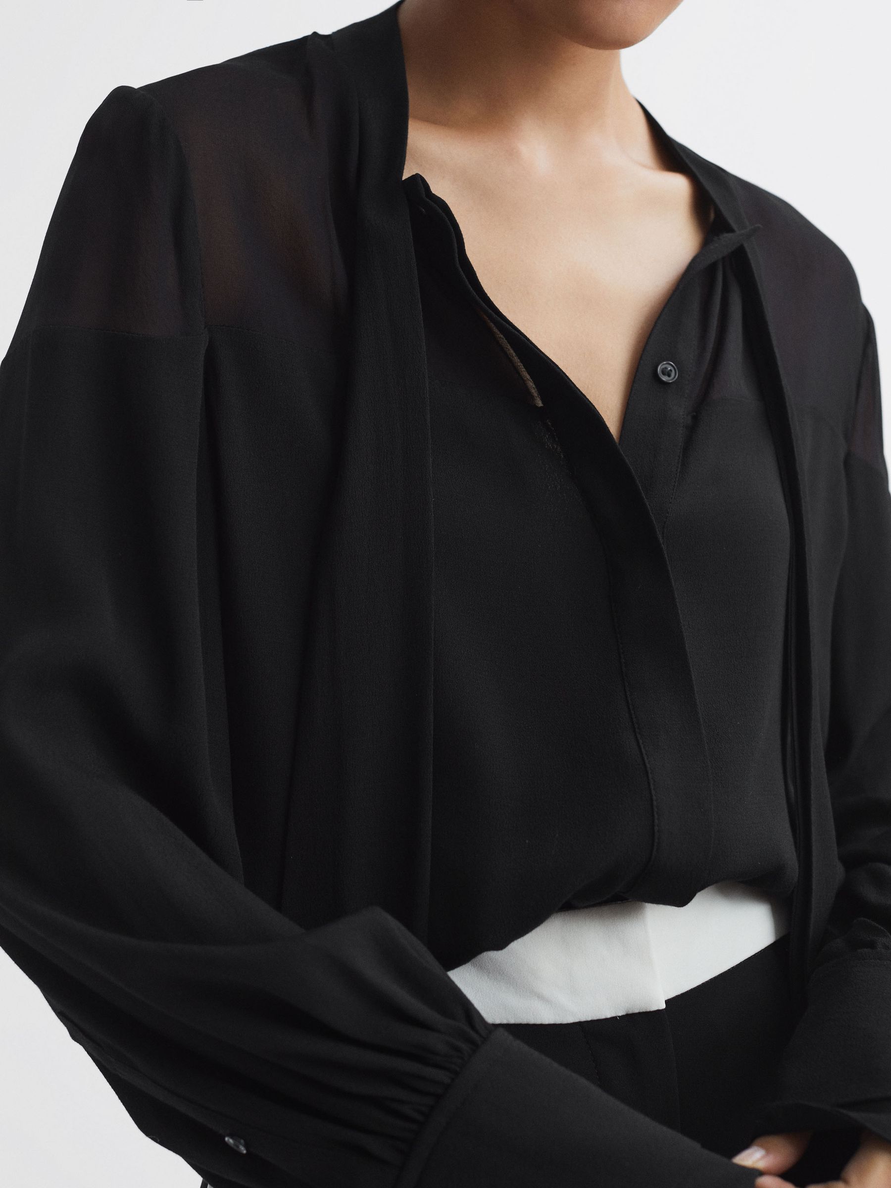 Tie Neck Semi-Sheer Blouse in Black