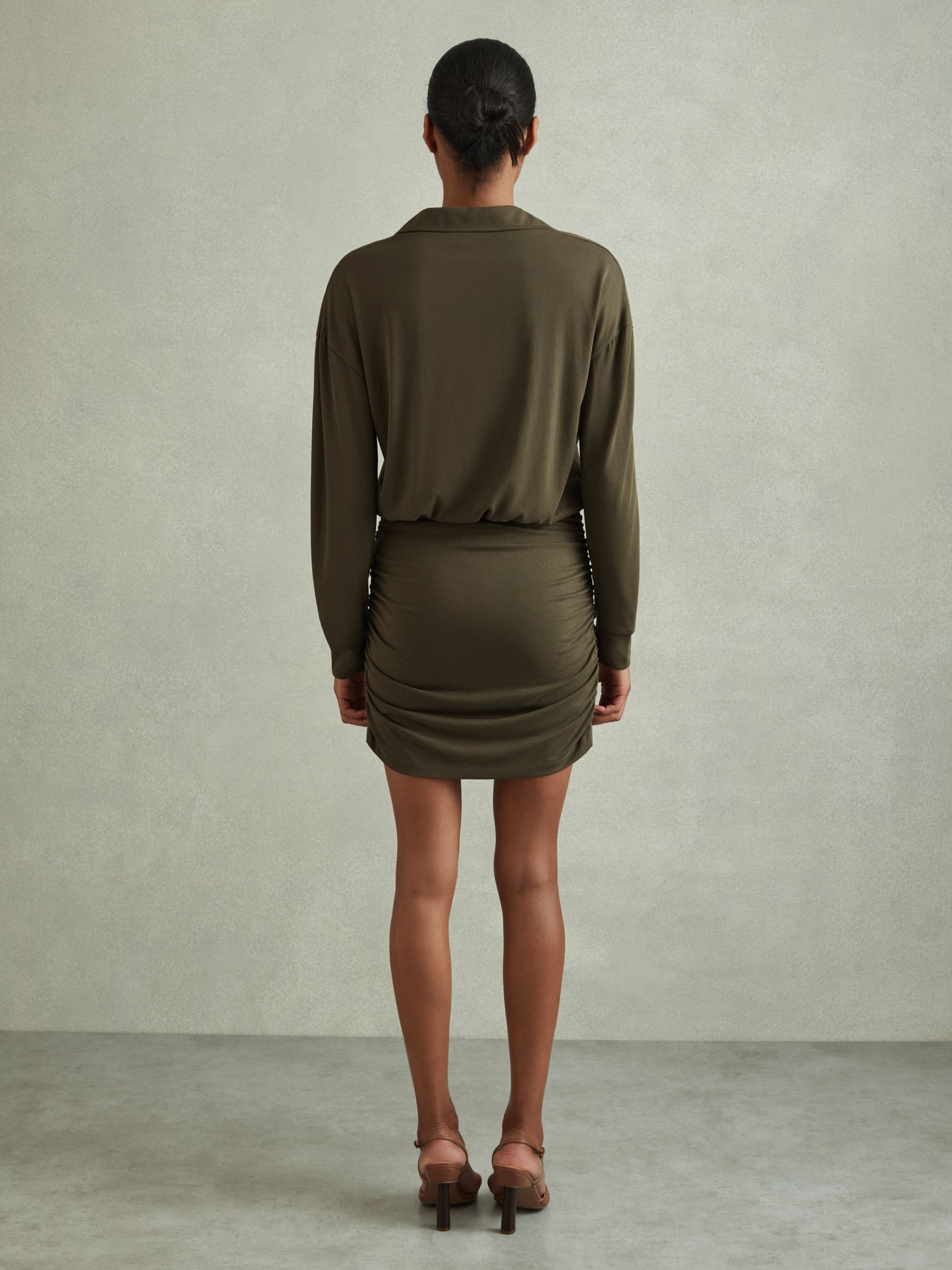 Victoria Khaki Ruched Jersey Open-Collar Mini Dress