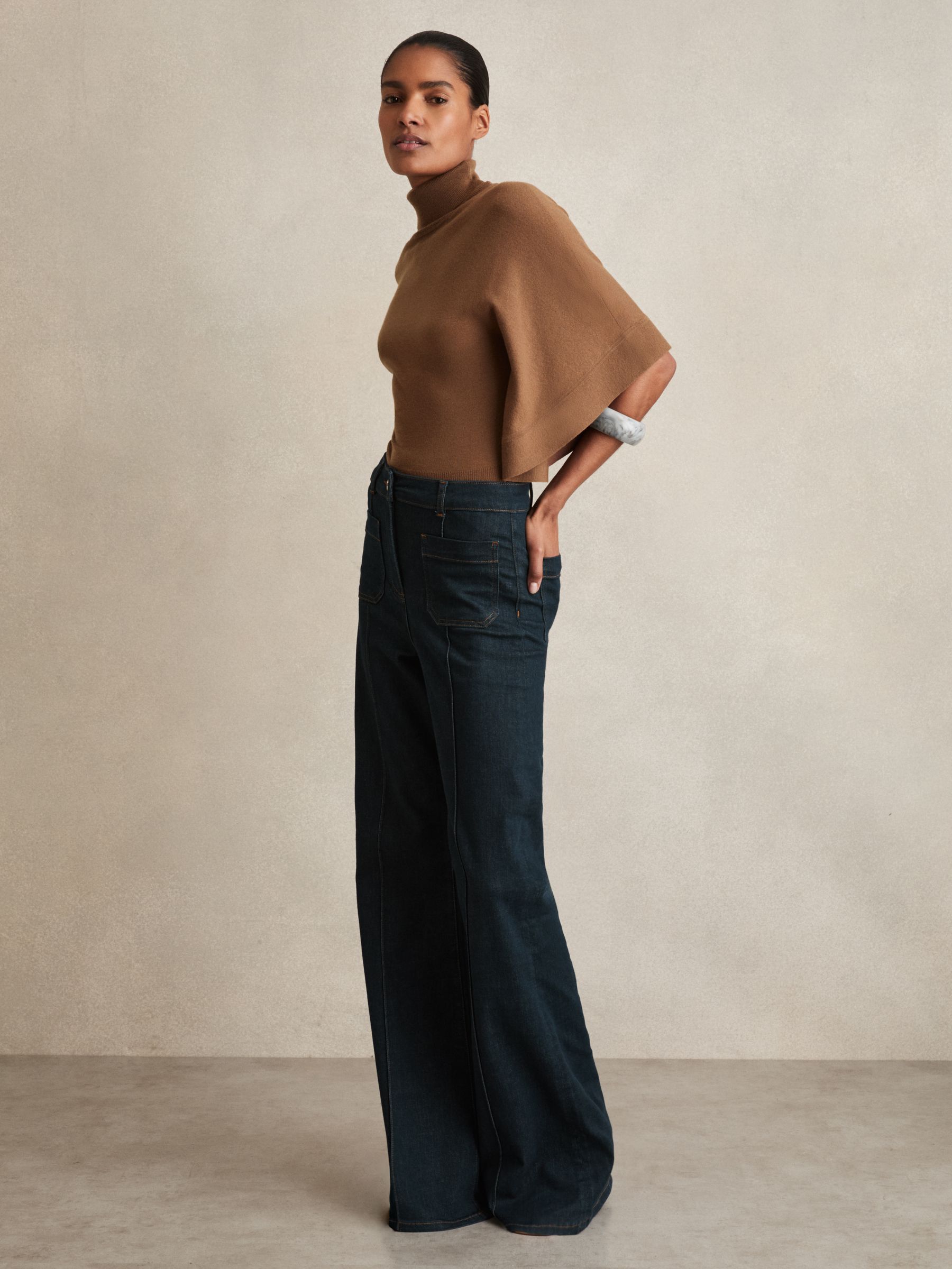 Merino Wool Batwing Roll-Neck Jumper in Tan