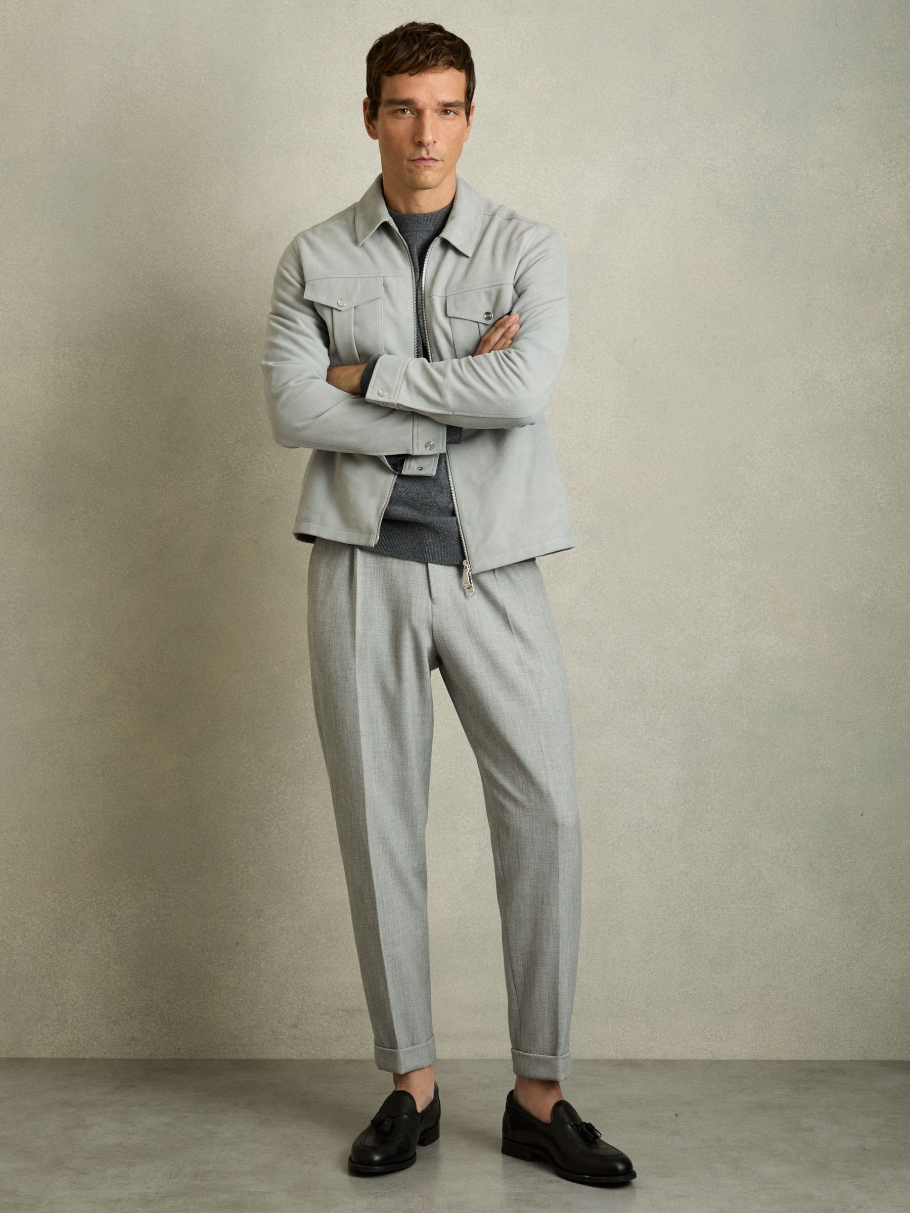 Suede Zip-Through Jacket in Soft Blue