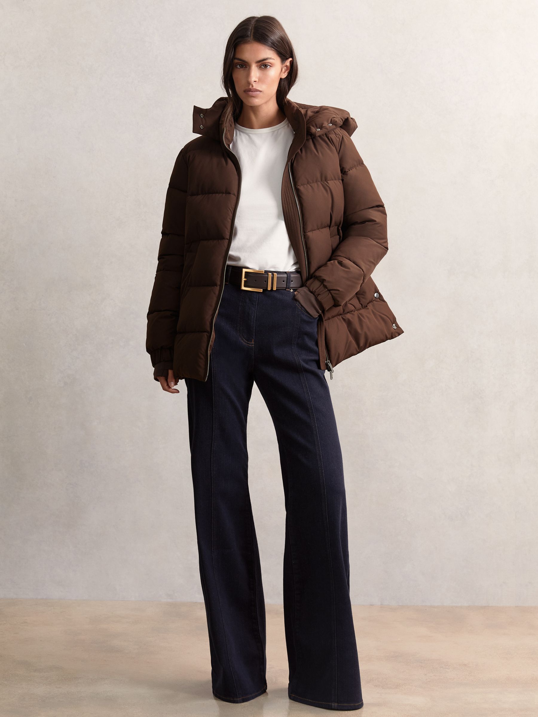 Short Hooded Puffer Coat in Chocolate Brown