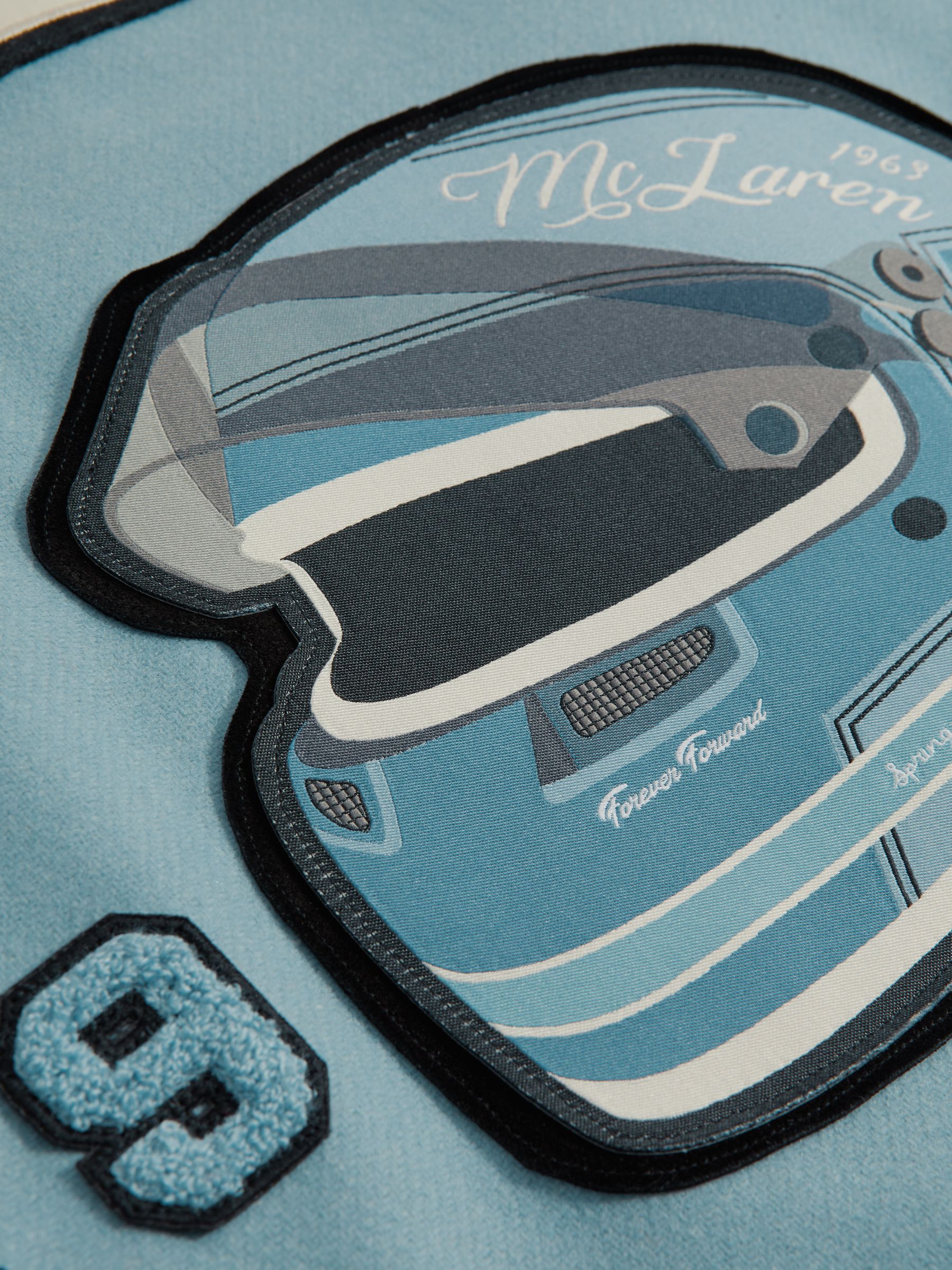 Leather Varsity Jacket in Soft Blue/Ecru