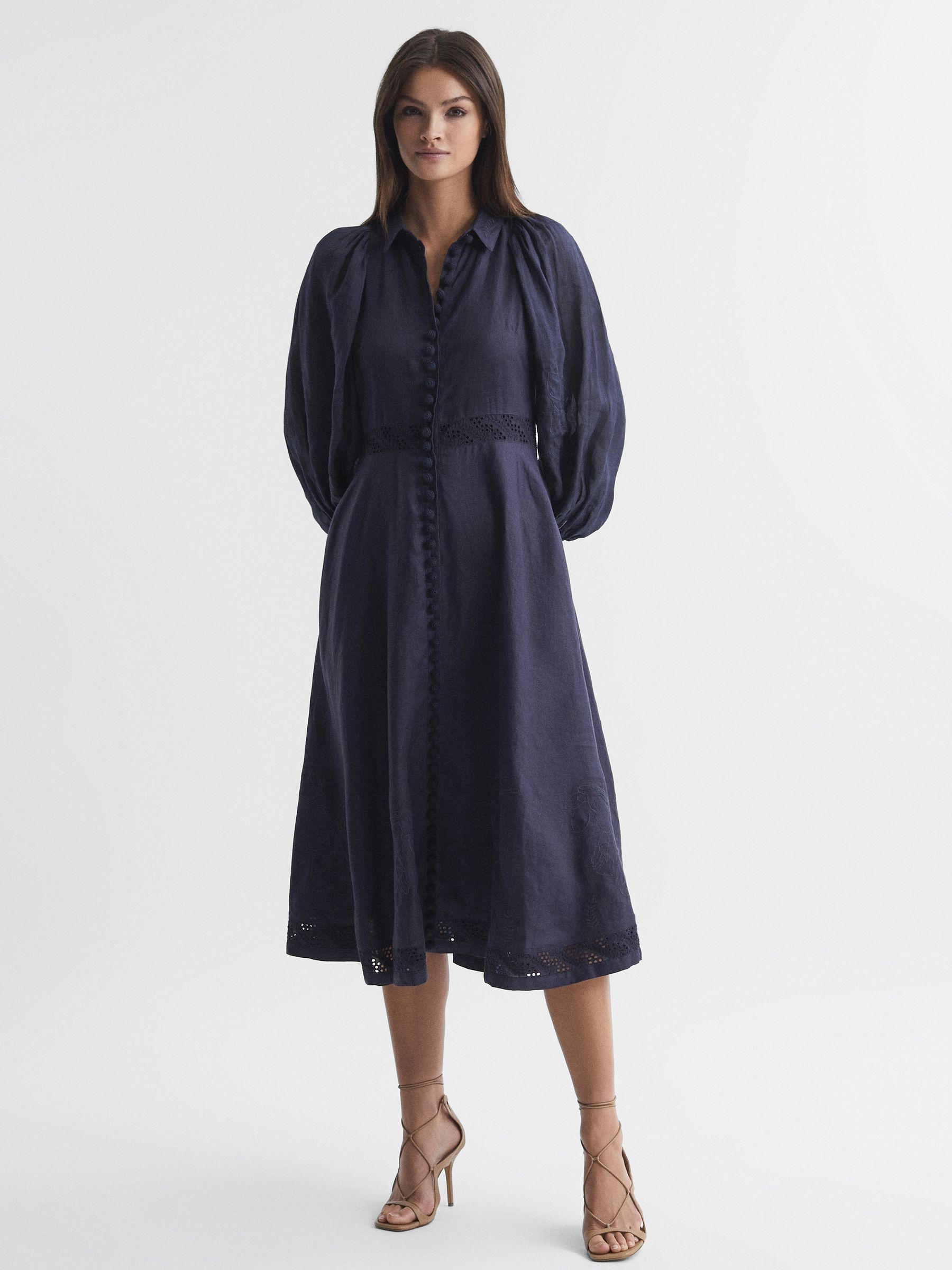 Joslin Linen Shirt Midi Dress in Navy