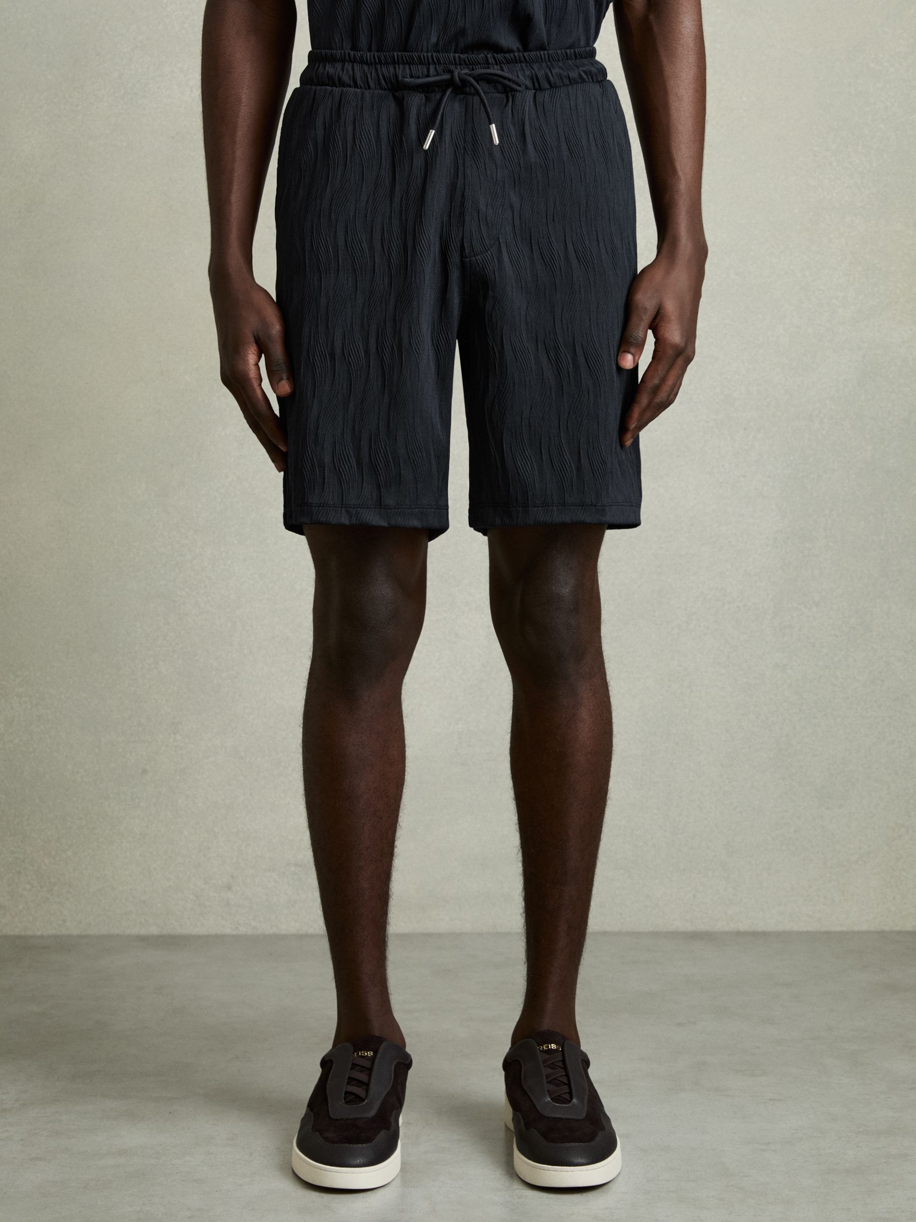 Wave Jacquard Drawstring Shorts in Navy