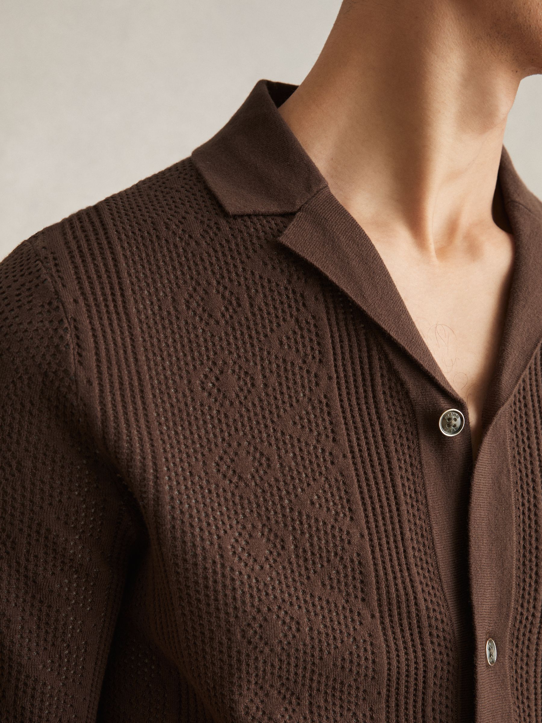 Textured-Knit Short-Sleeve Shirt in Chocolate Brown