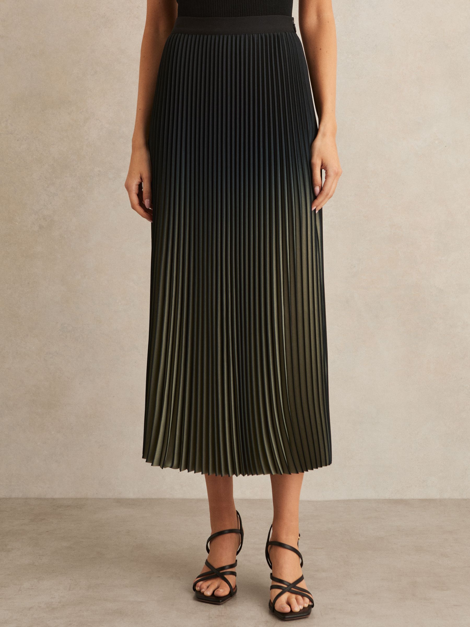 Ombré Pleated Midi Skirt in Khaki/Black