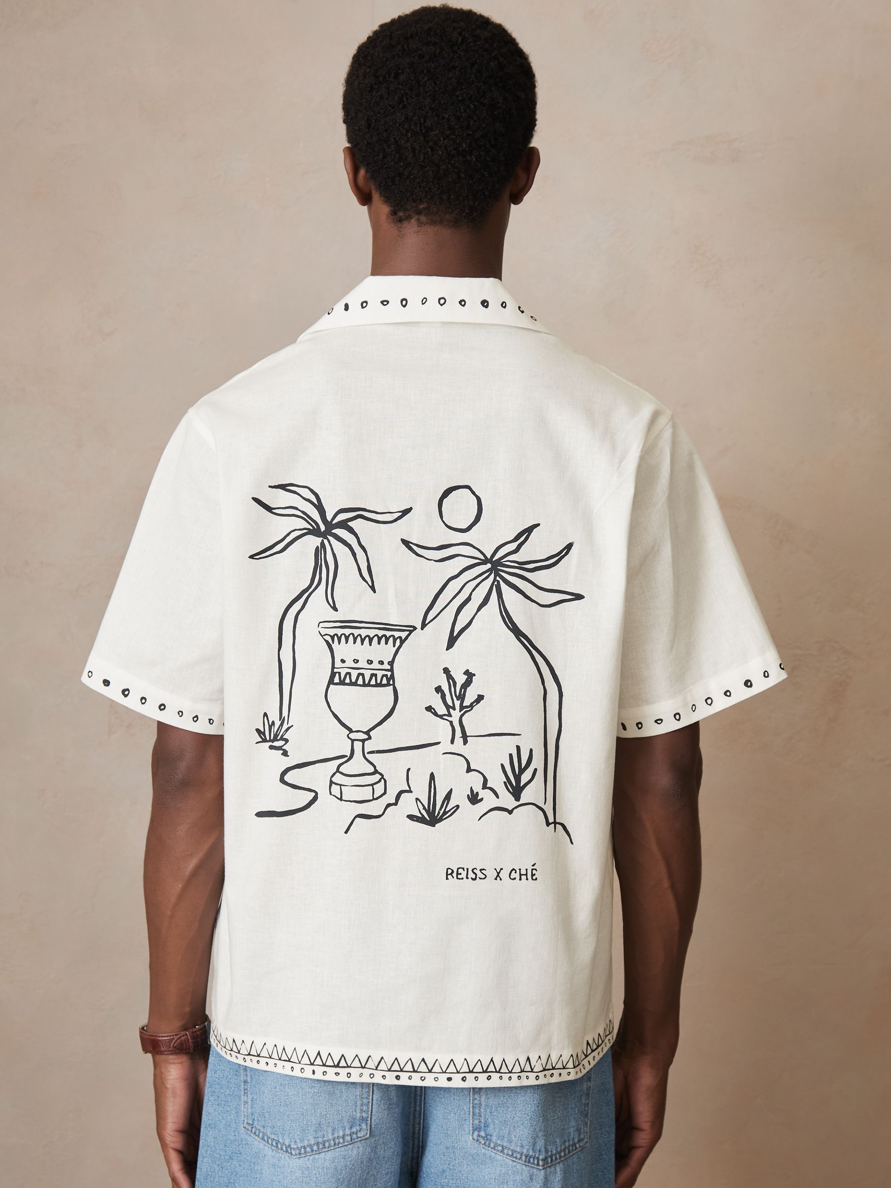 Reiss | Ché Cotton-Linen Palm Shirt in White