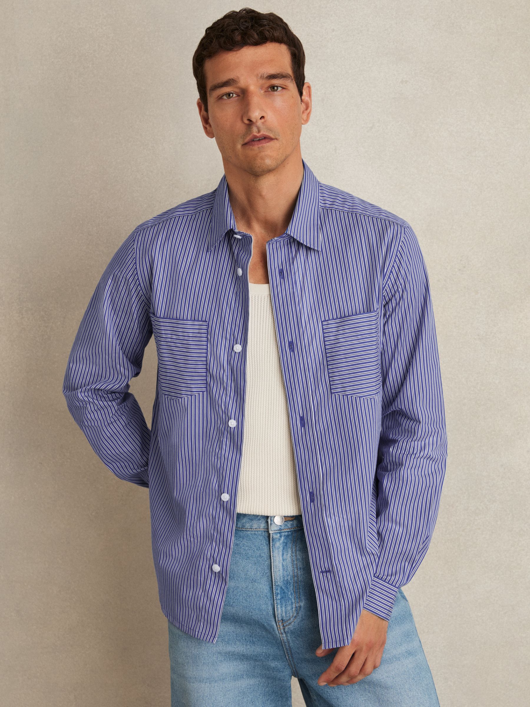 Cotton-Poplin Stripe Twin-Pocket Shirt in Blue/White