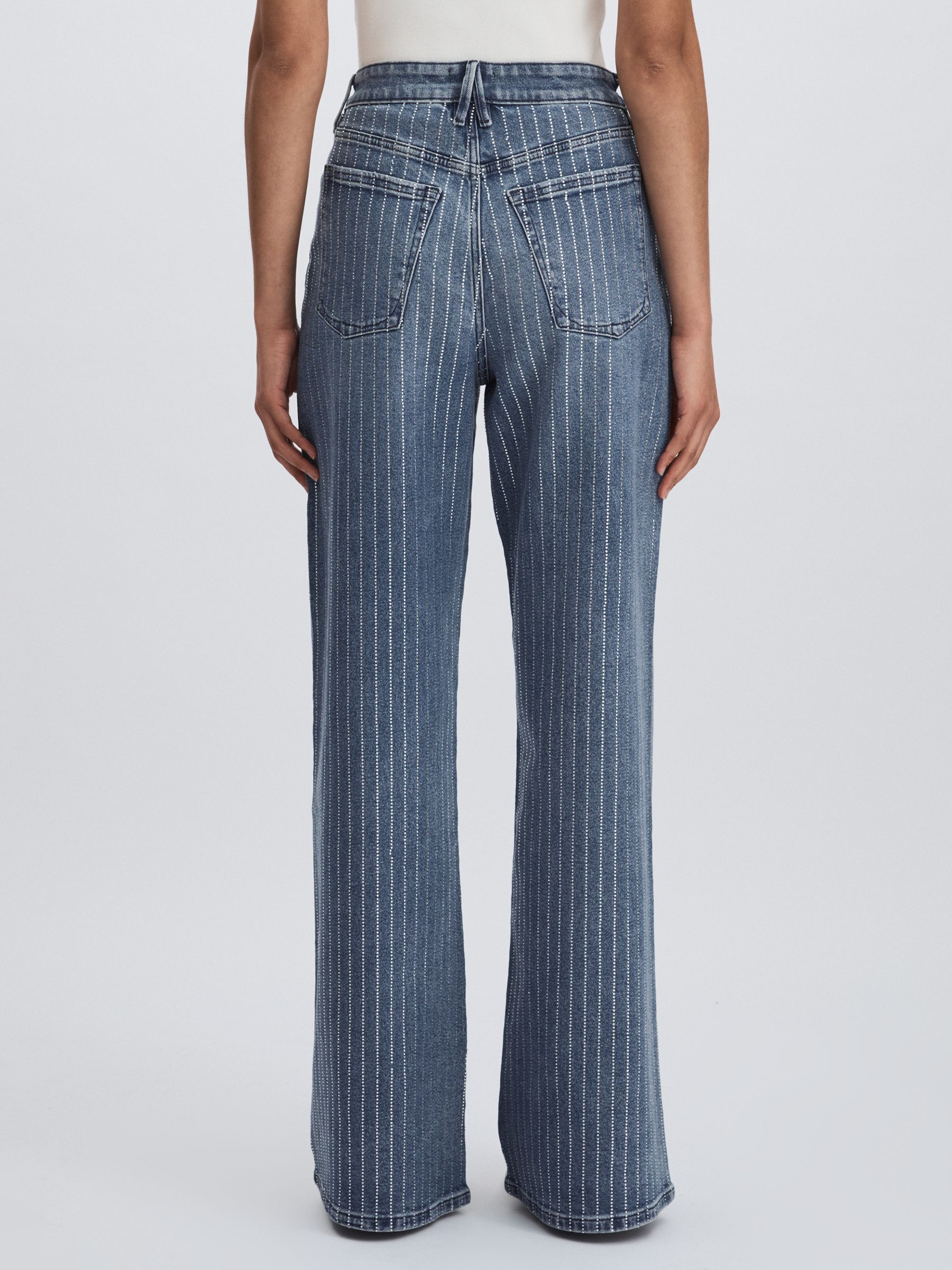 Good American Crystal-Stripe Relaxed Jeans in Light Blue