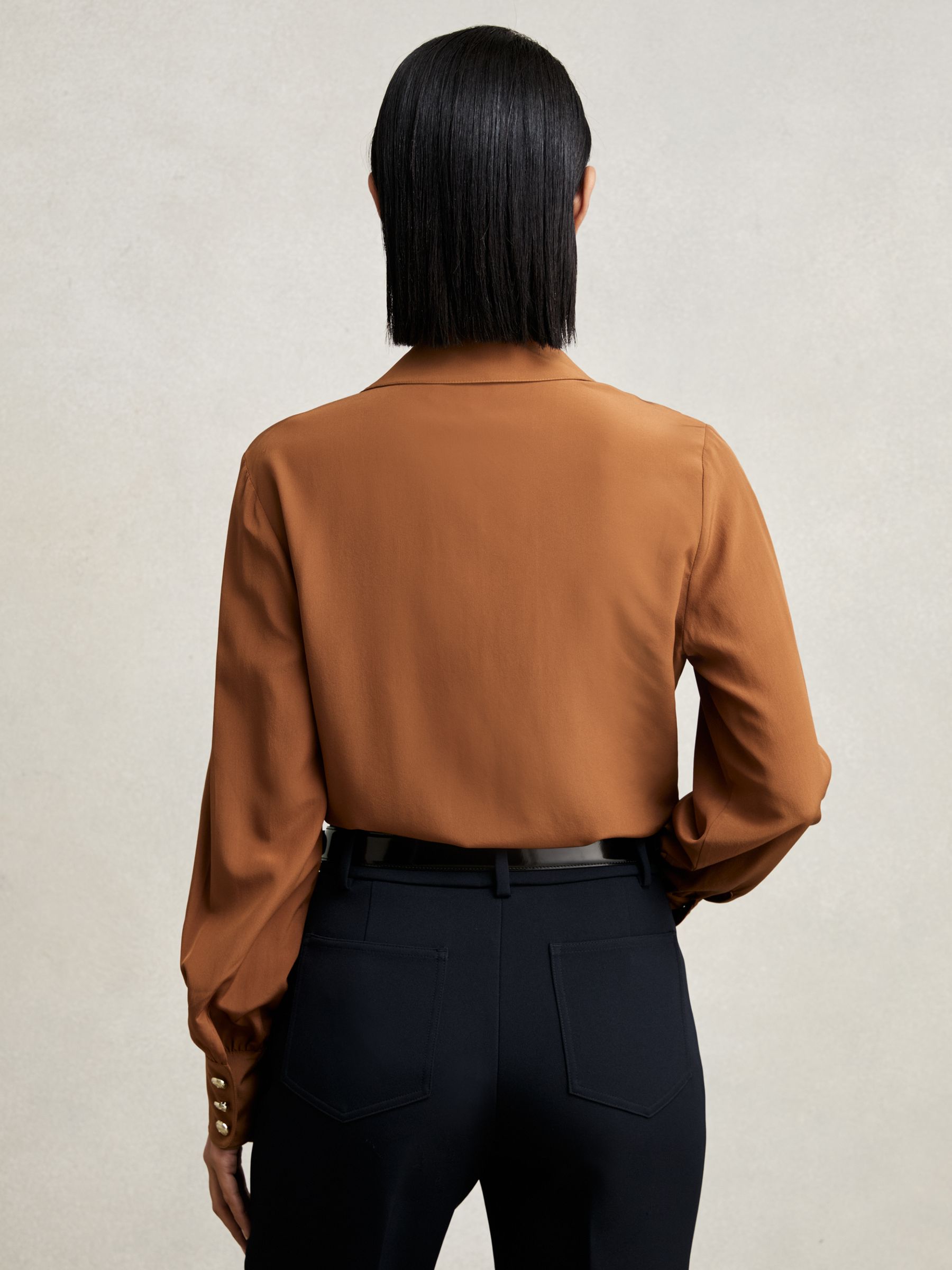 Silk Embossed-Button Shirt in Tan Brown