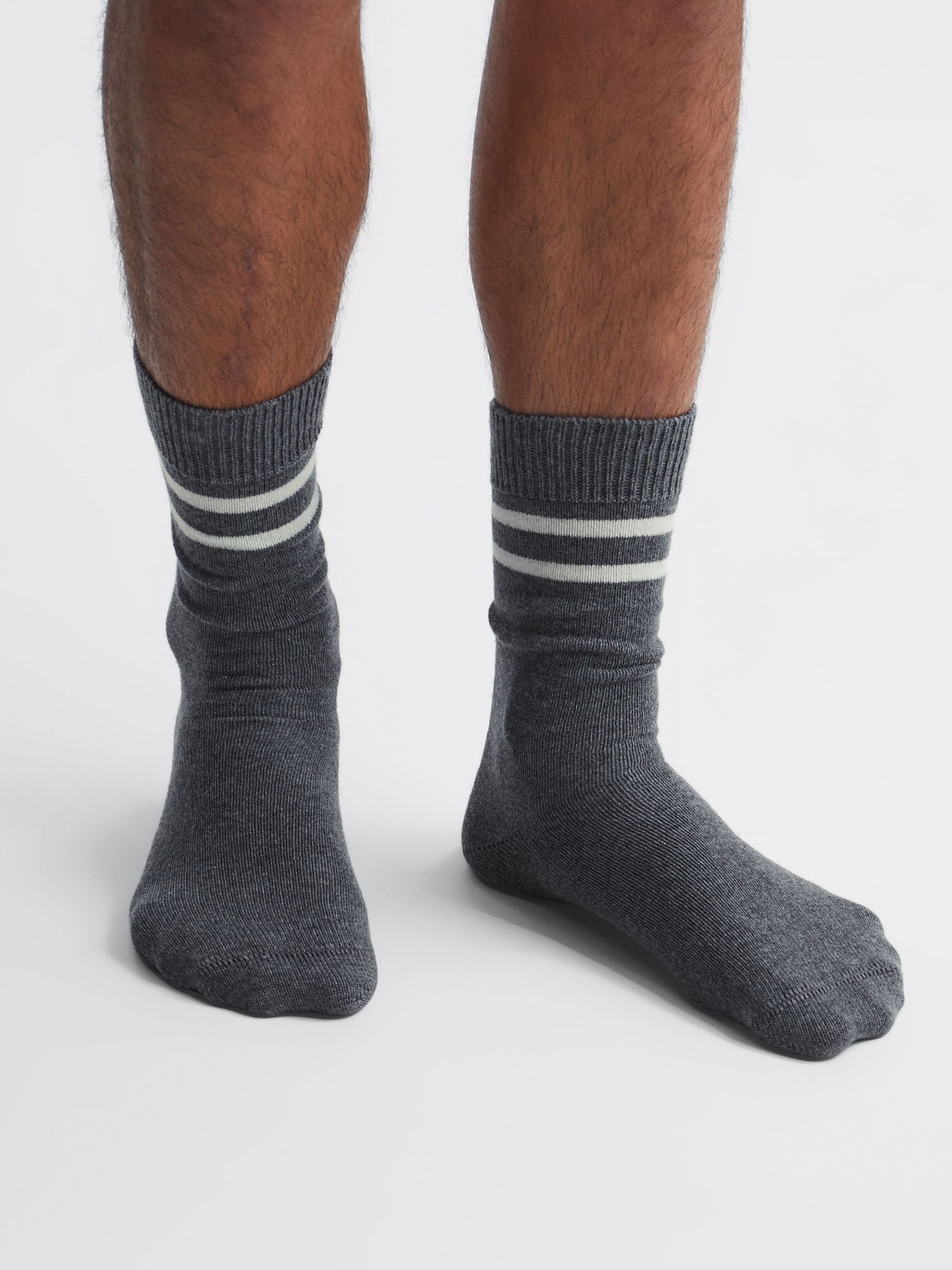 Wool Blend Striped Crew Socks in Grey Melange