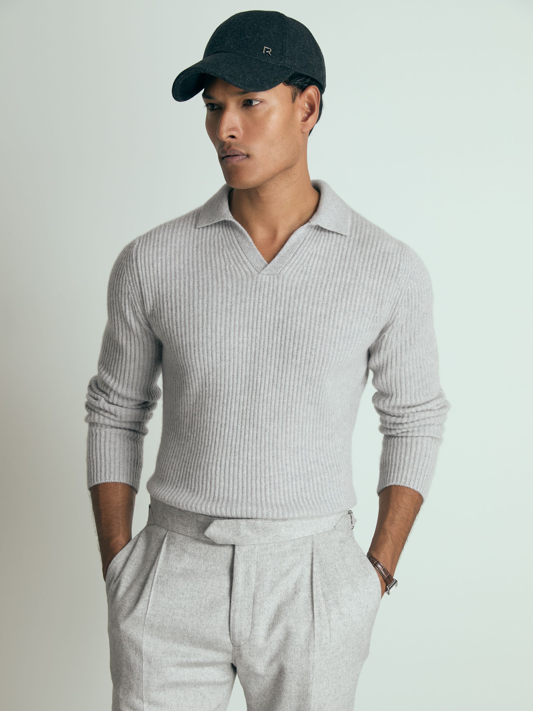 Atelier Ribbed-Cashmere Polo Shirt in Soft Grey Melange