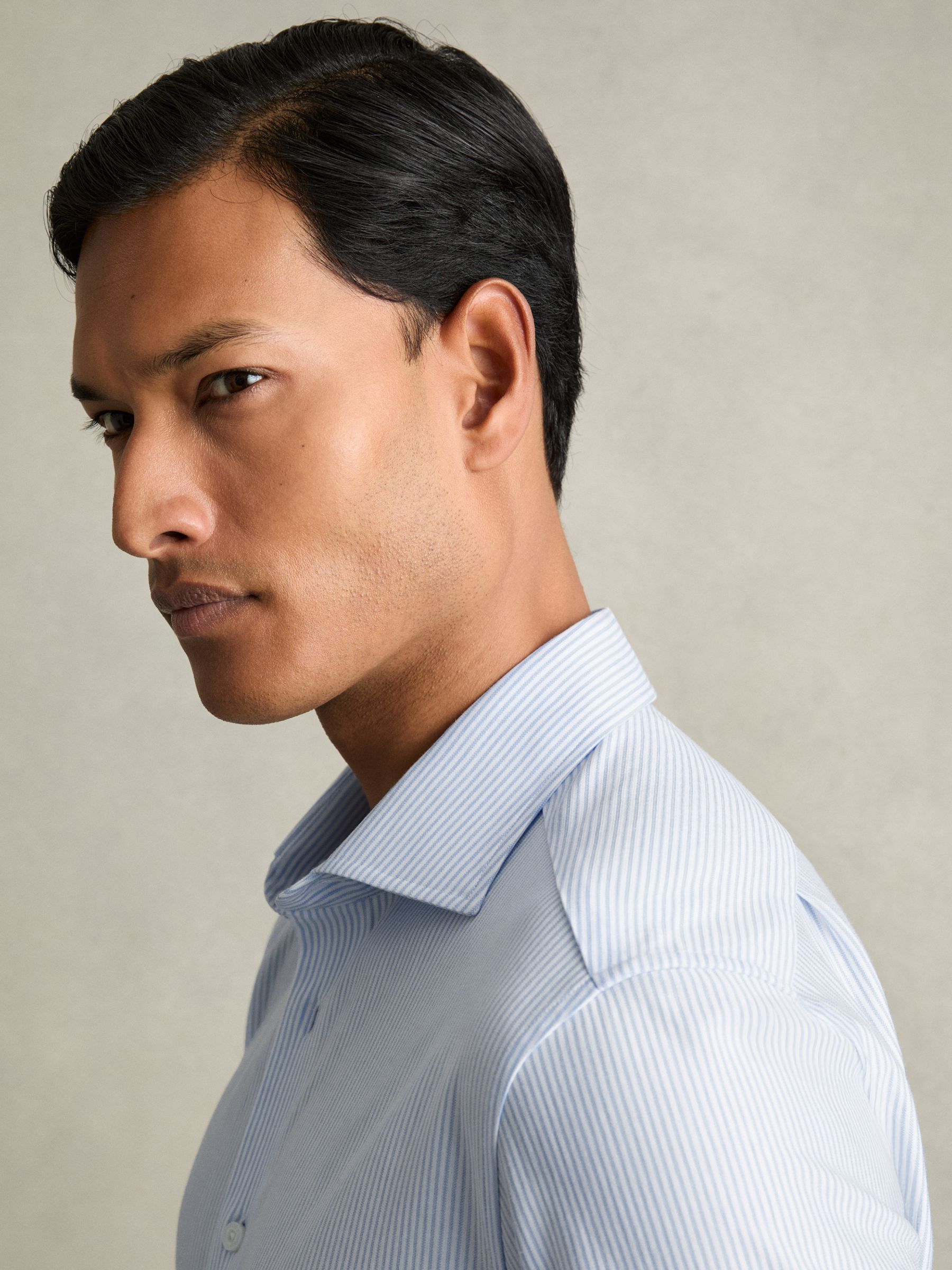 Cotton-Blend Cutaway-Collar Striped Shirt in Blue Stripe