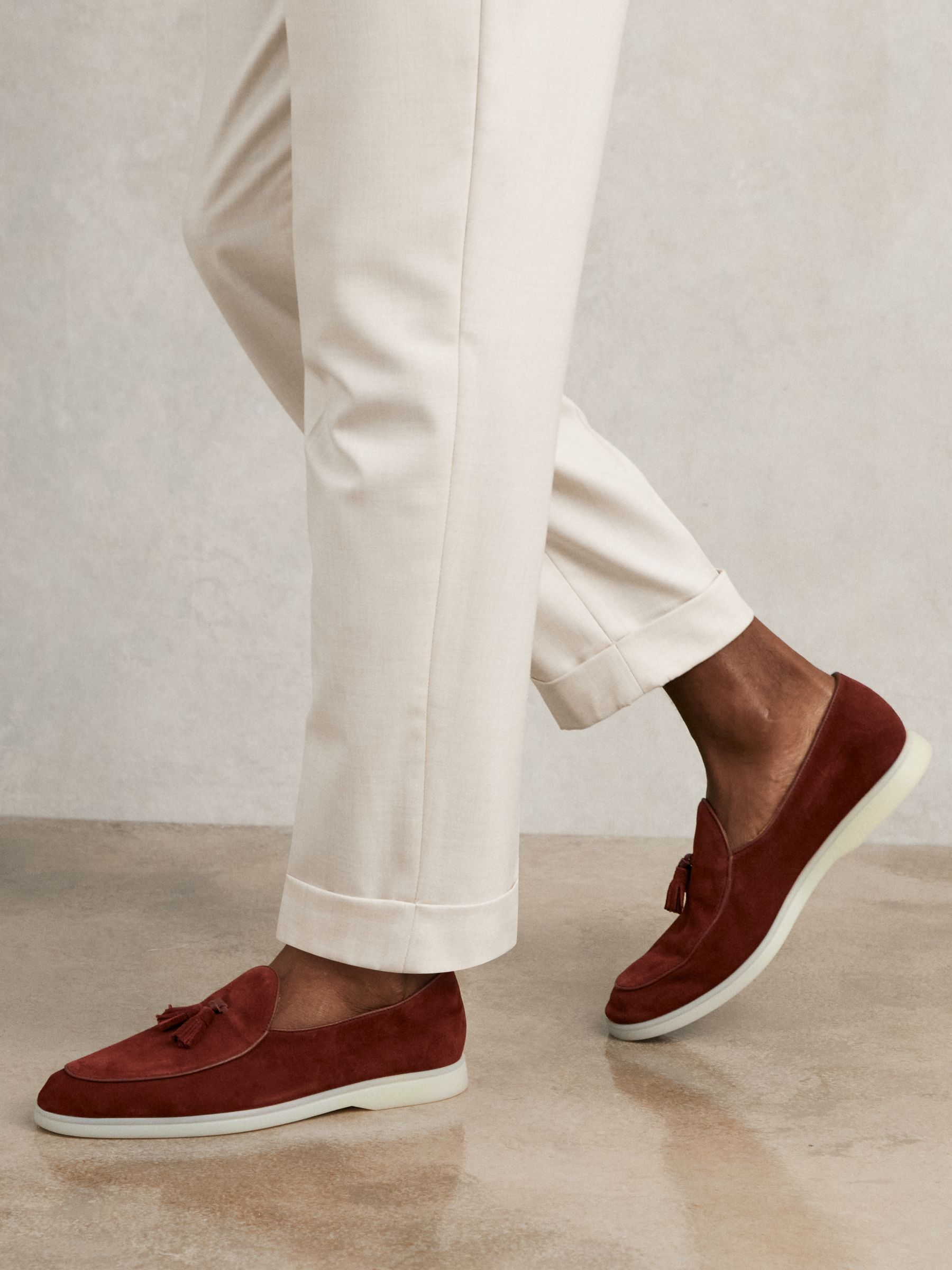 Suede Tassel Loafers in Maroon Red