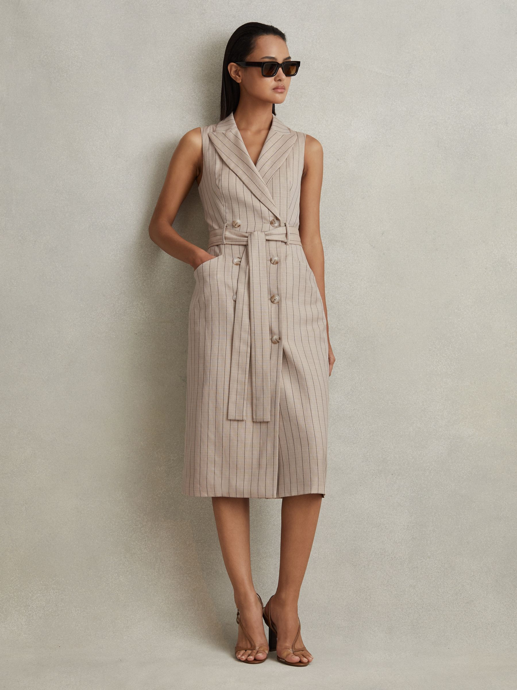 Wool Blend Striped Double Breasted Midi Dress in Neutral