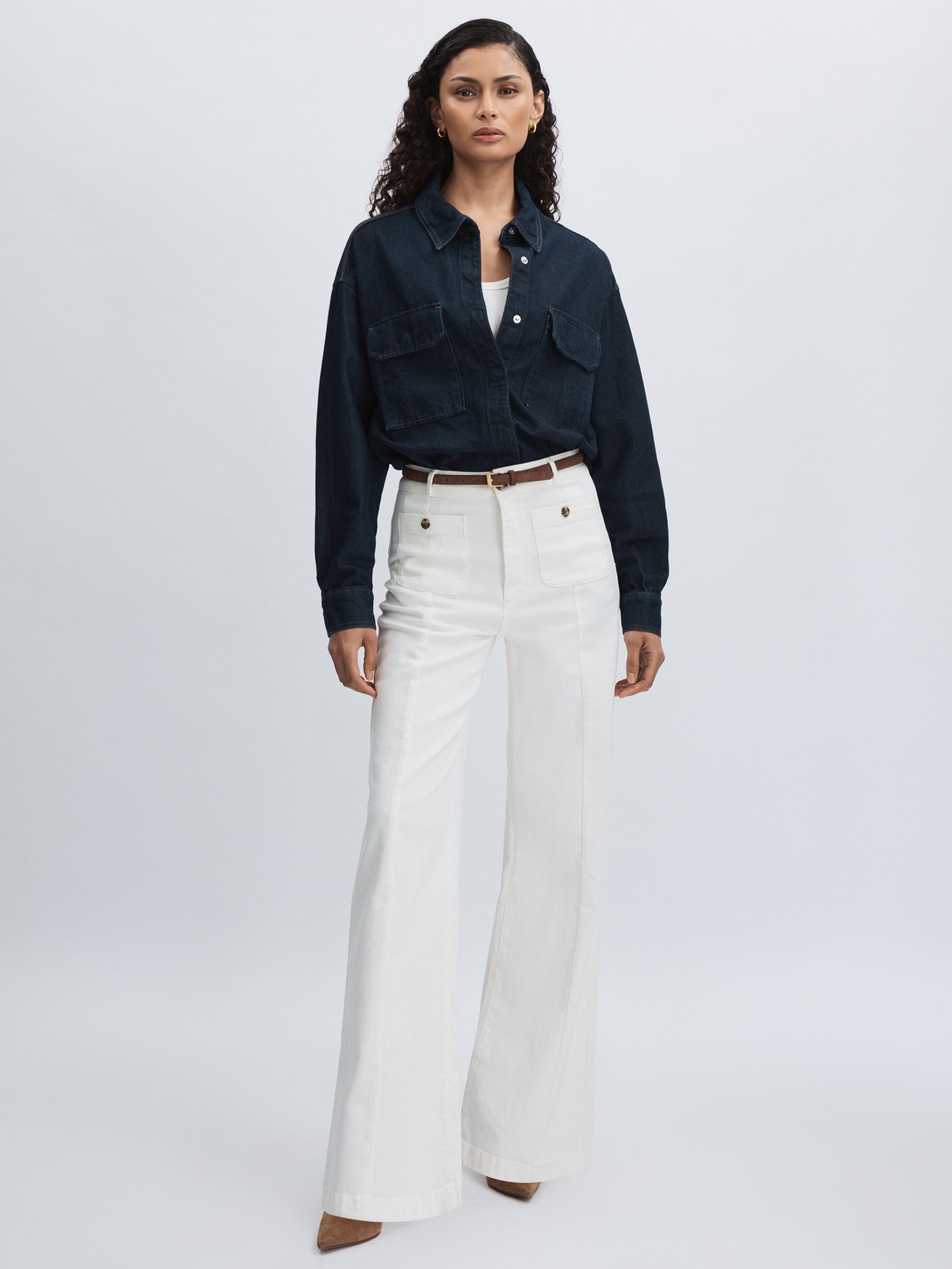 Paige Wide-Leg Patch Pocket Jeans in Ecru