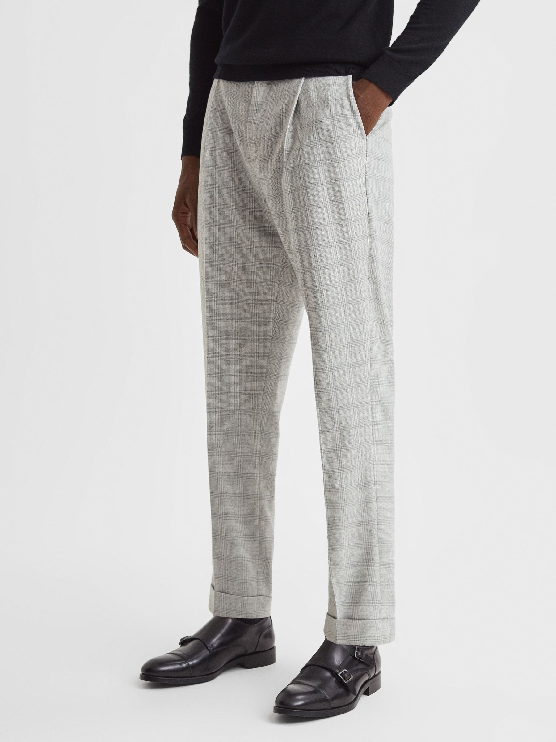 Slim Fit Prince of Wales Rolled Hem Trousers in Soft Grey