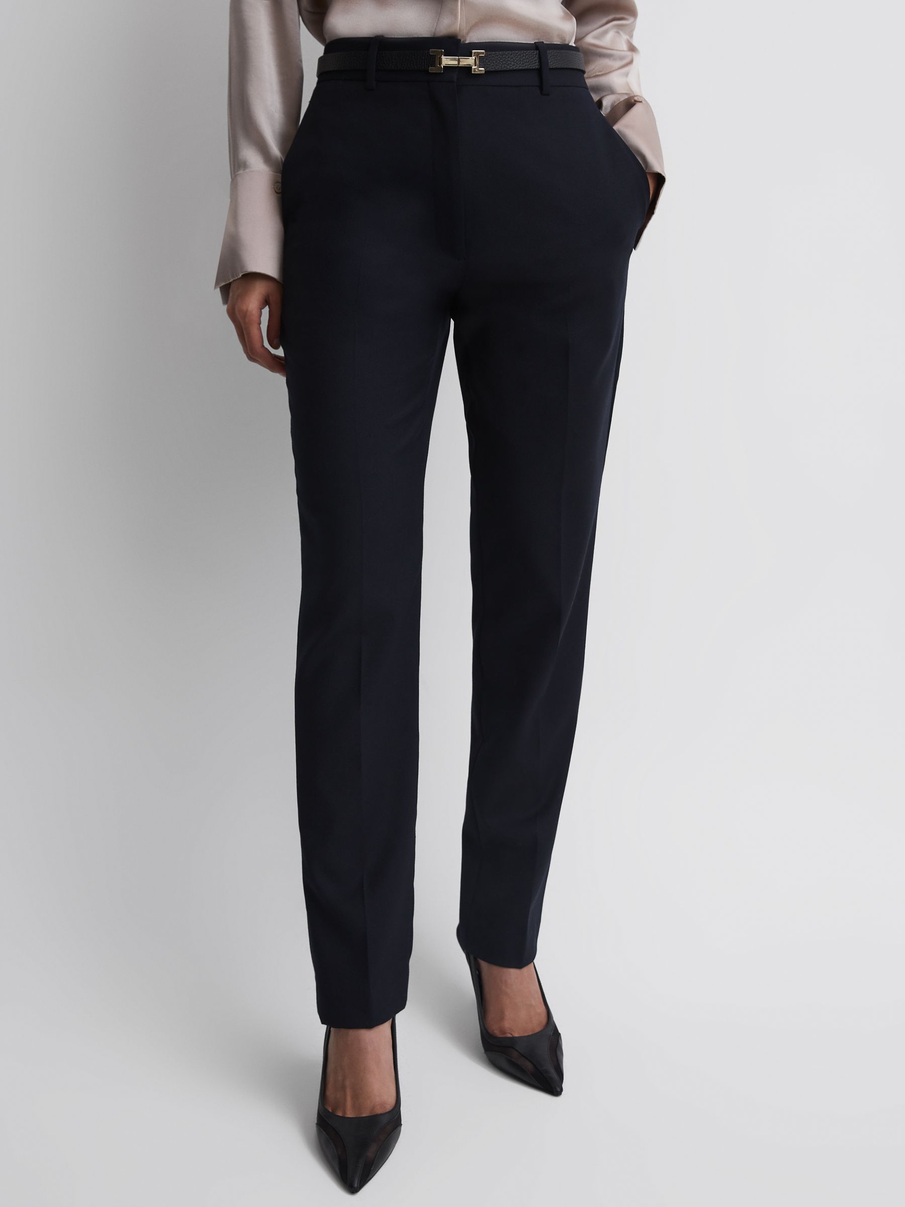 Wool Blend Tapered Suit Trousers in Navy