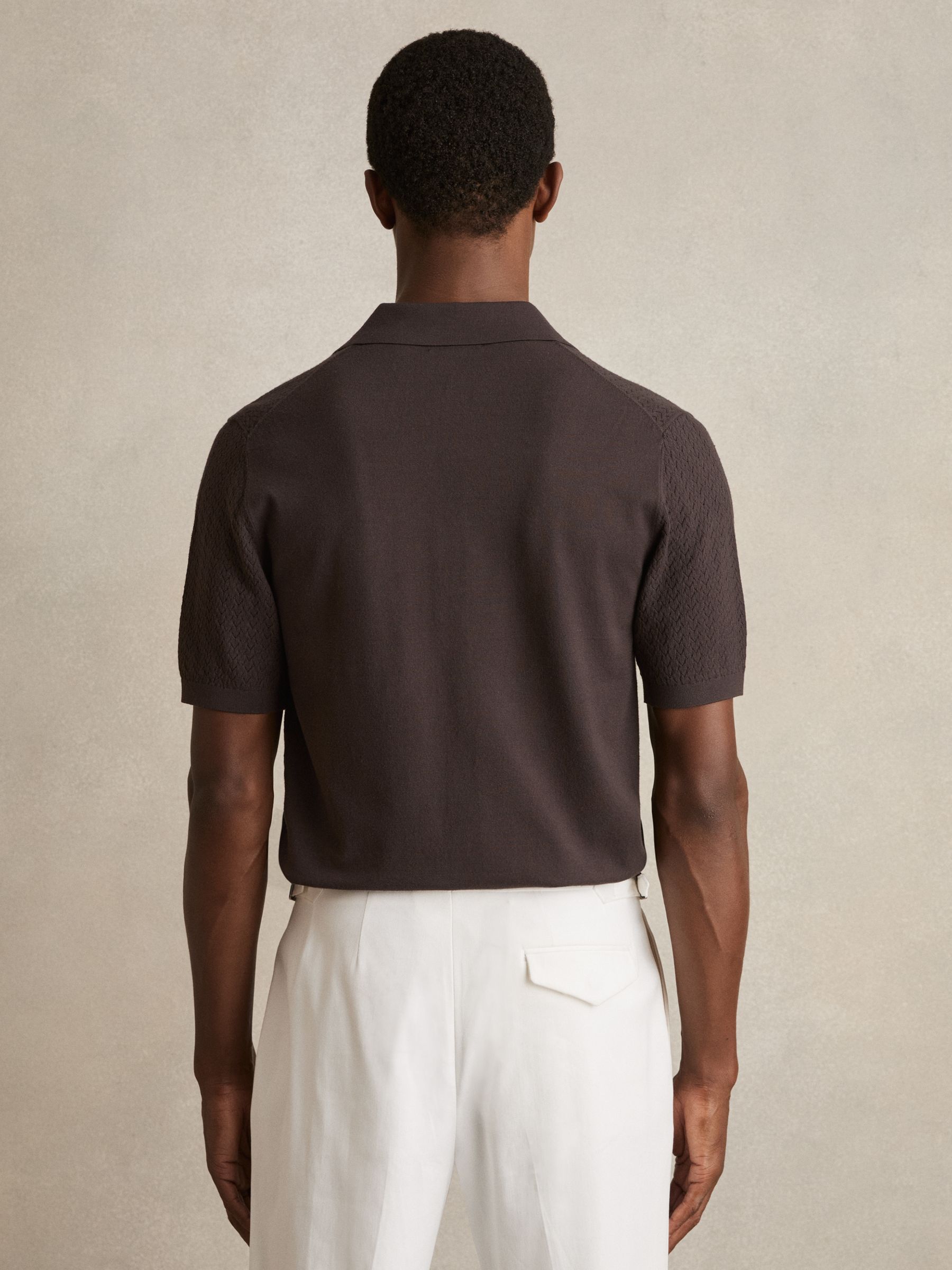 Textured Knit Button-Through Shirt in Chocolate Brown