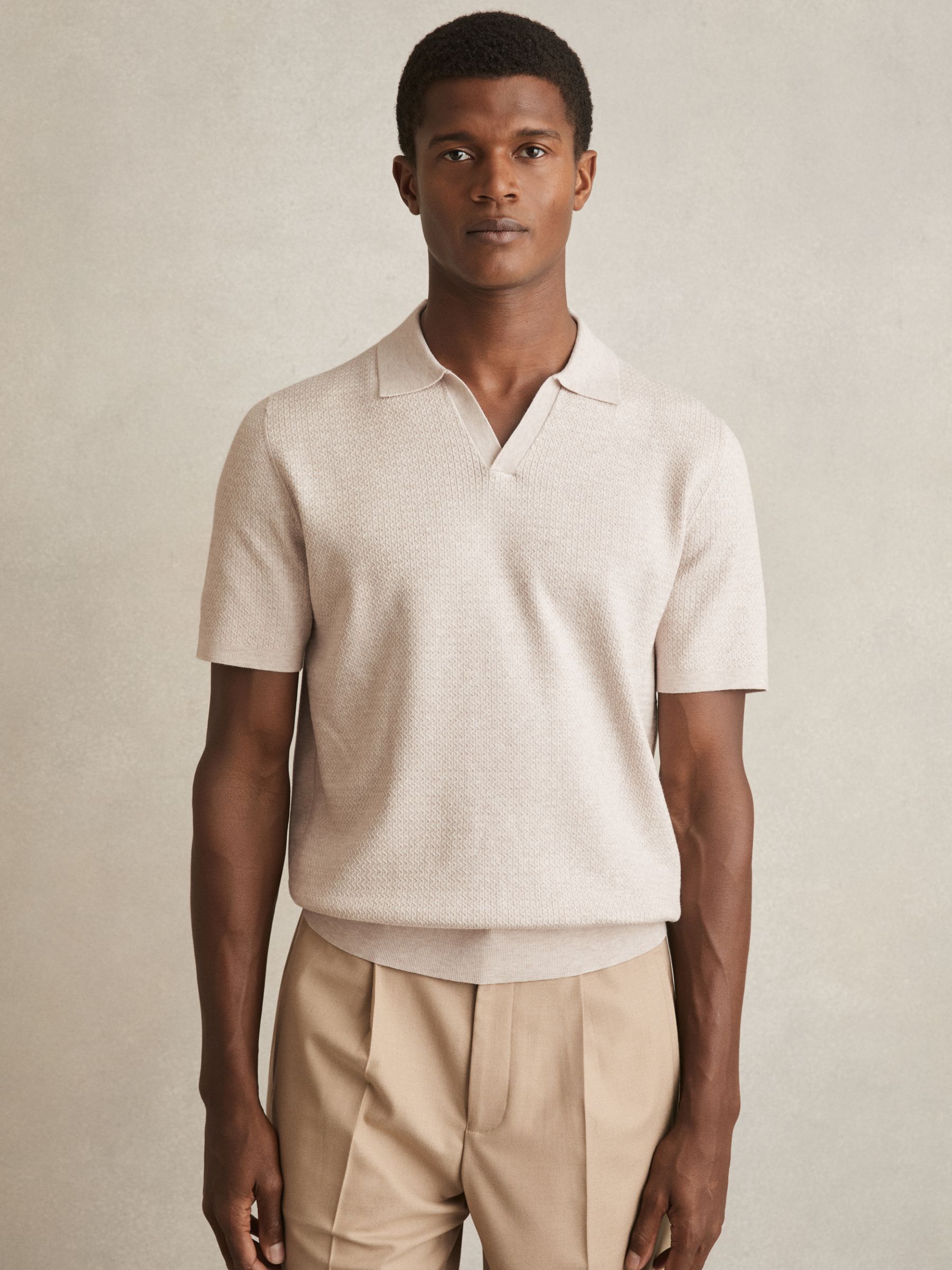 Open-Collar Knit Polo Shirt in Oatmeal Melange