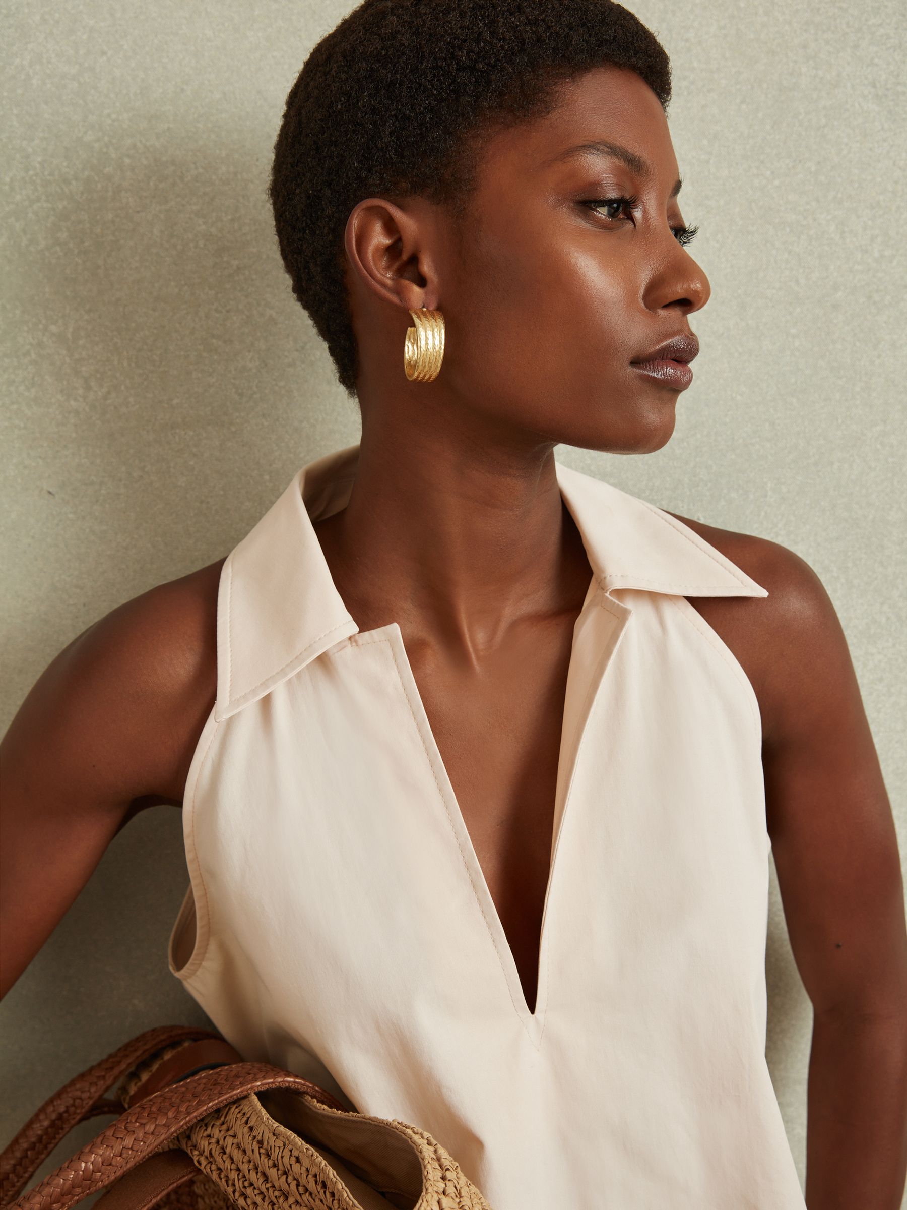 Open-Collar Cotton Blend Sleeveless Top in Neutral