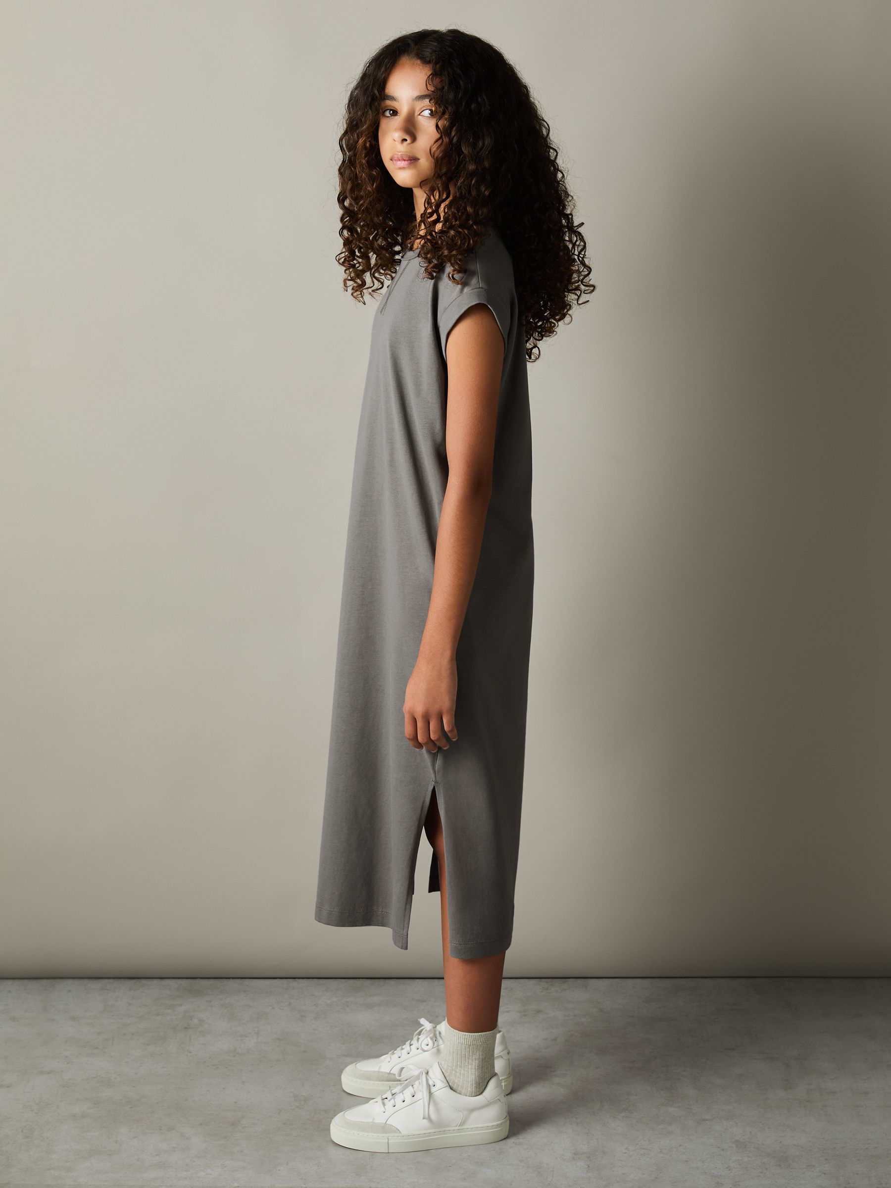 9-13 yrs Cotton-Jersey Cap-Sleeve Dress in Grey