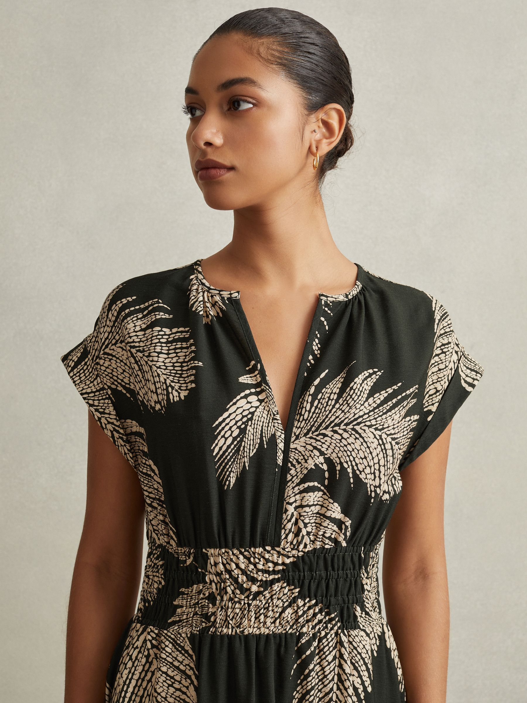Tropical Print Elasticated Waist Midi Dress in Khaki