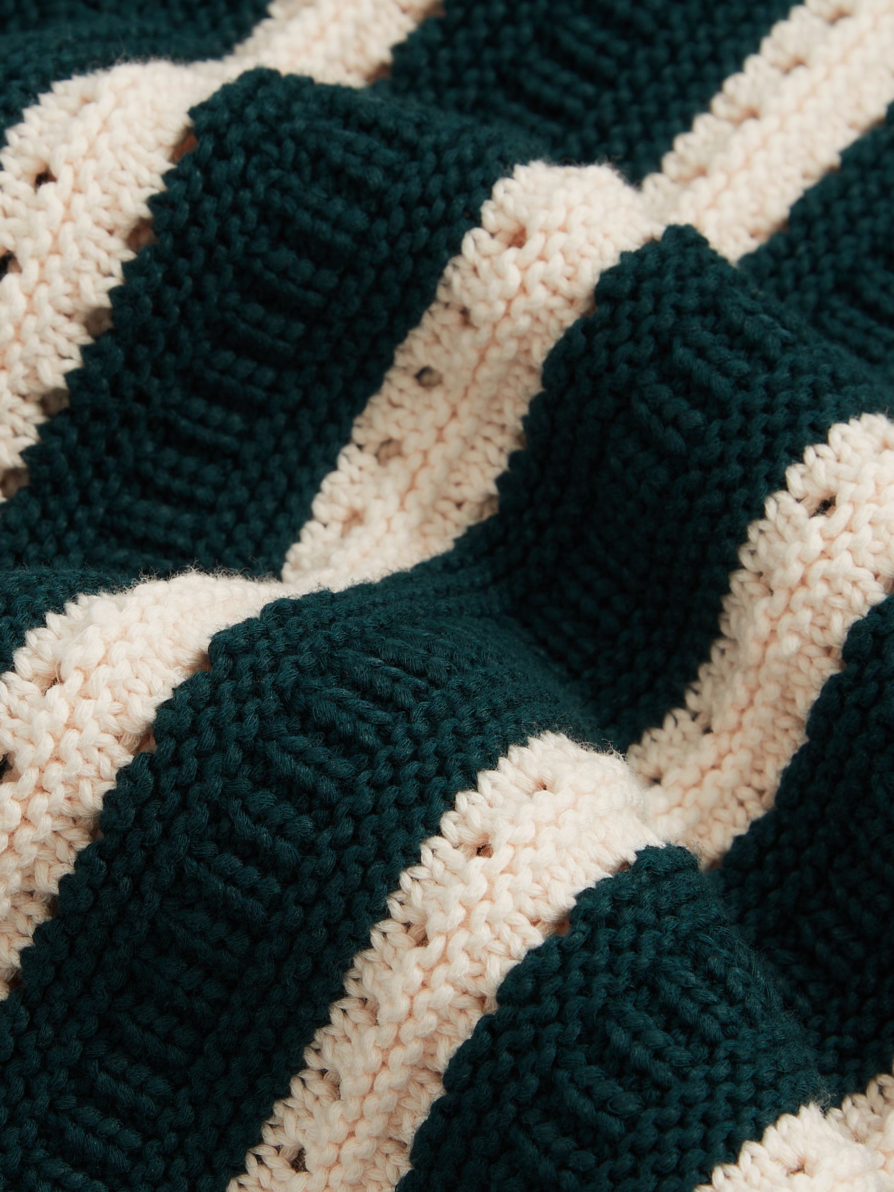 Cotton Blend Stripe Knit Polo Shirt in Dark Teal Green/Ecru