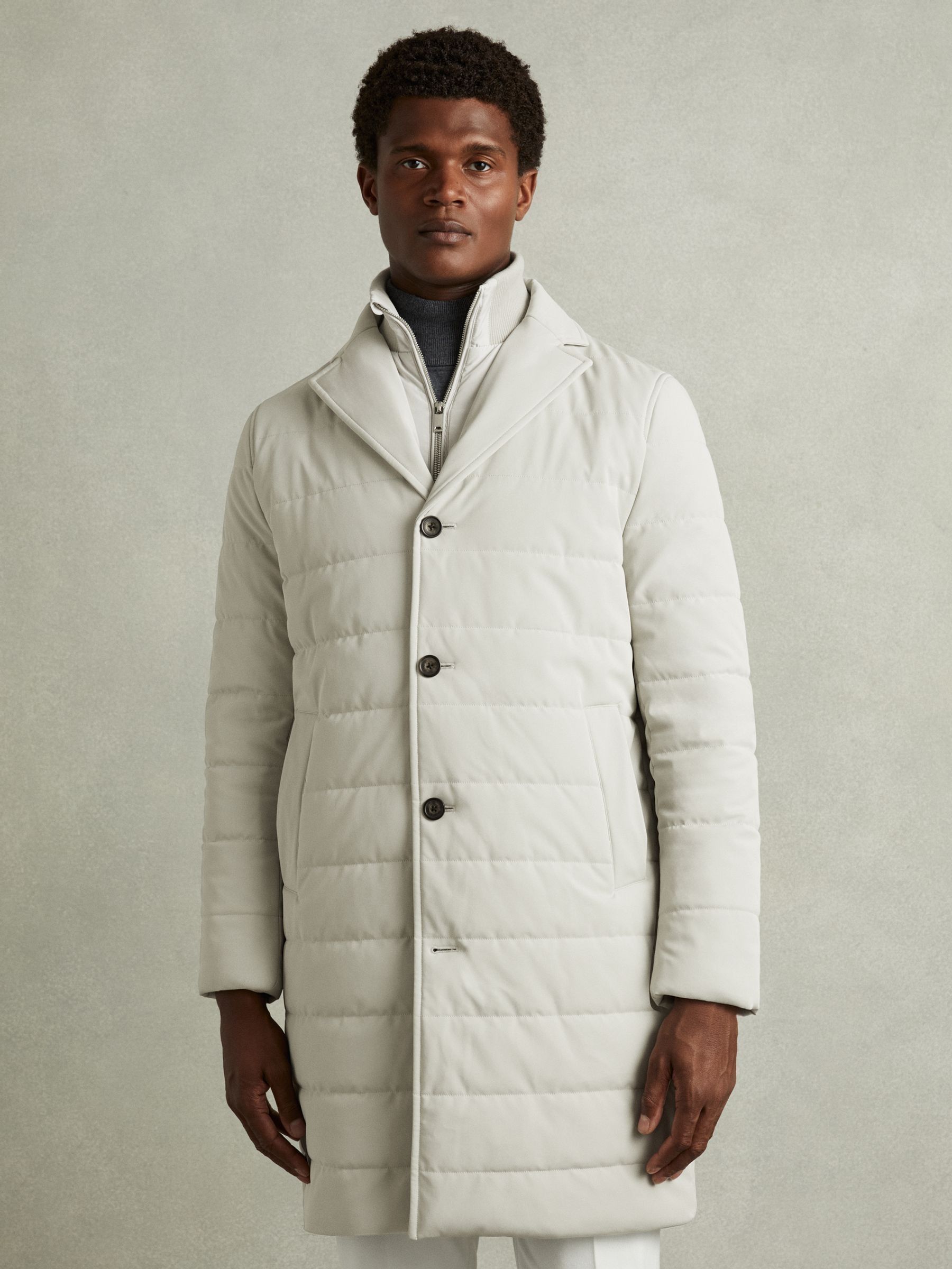 Longline Quilted-Shell Coat with Inner Gilet in Stone