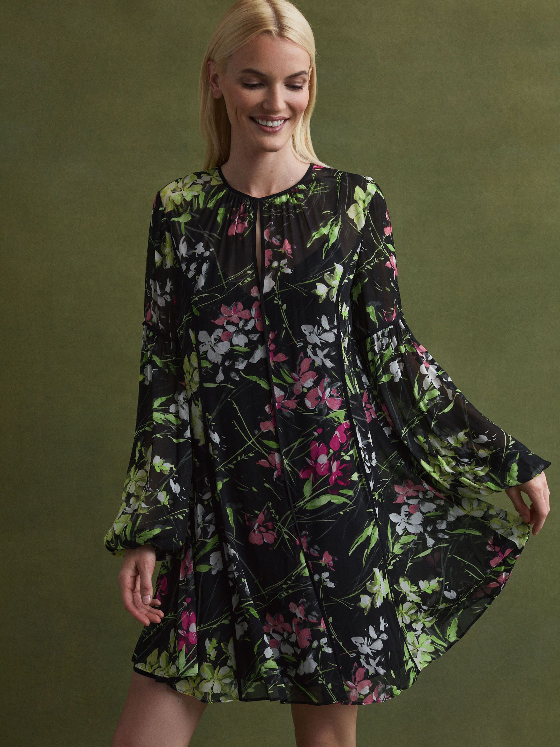 Florere Sheer Floral Mini Dress in Black