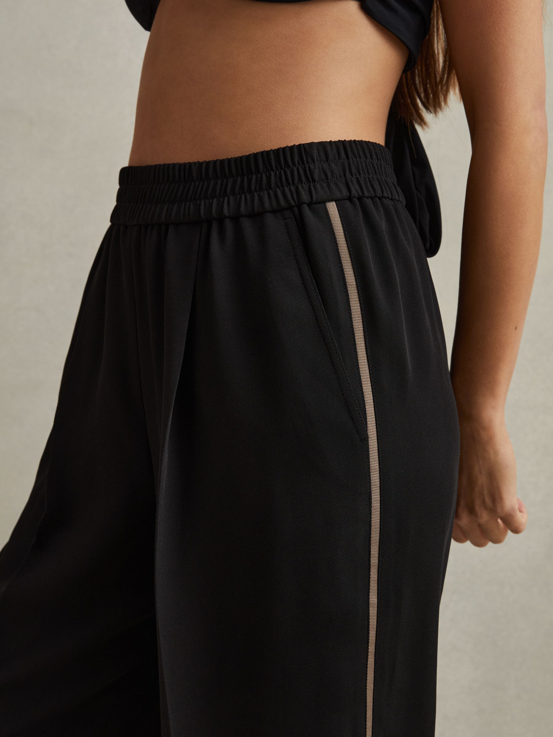 Petite Elasticated Side Stripe Wide Leg Trousers in Black