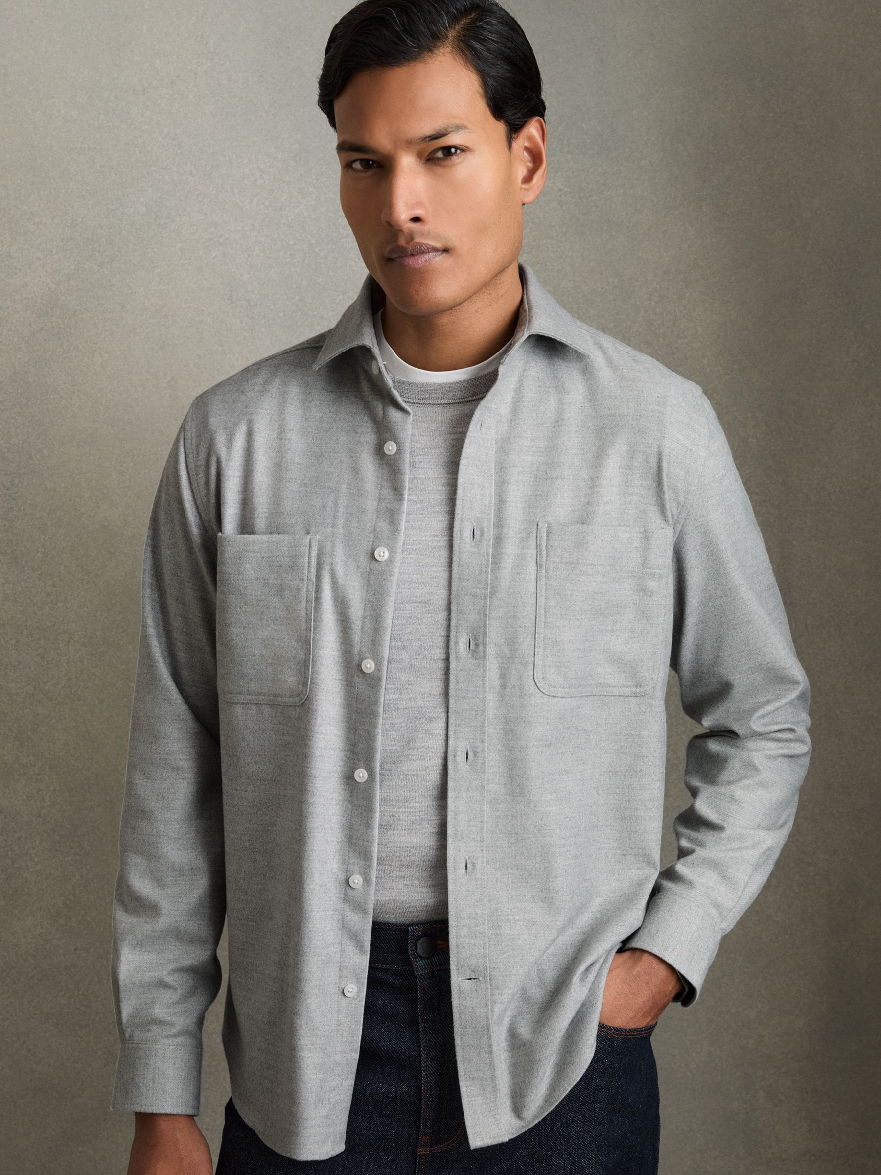 Twin-Pocket Button-Through Overshirt in Soft Grey Melange