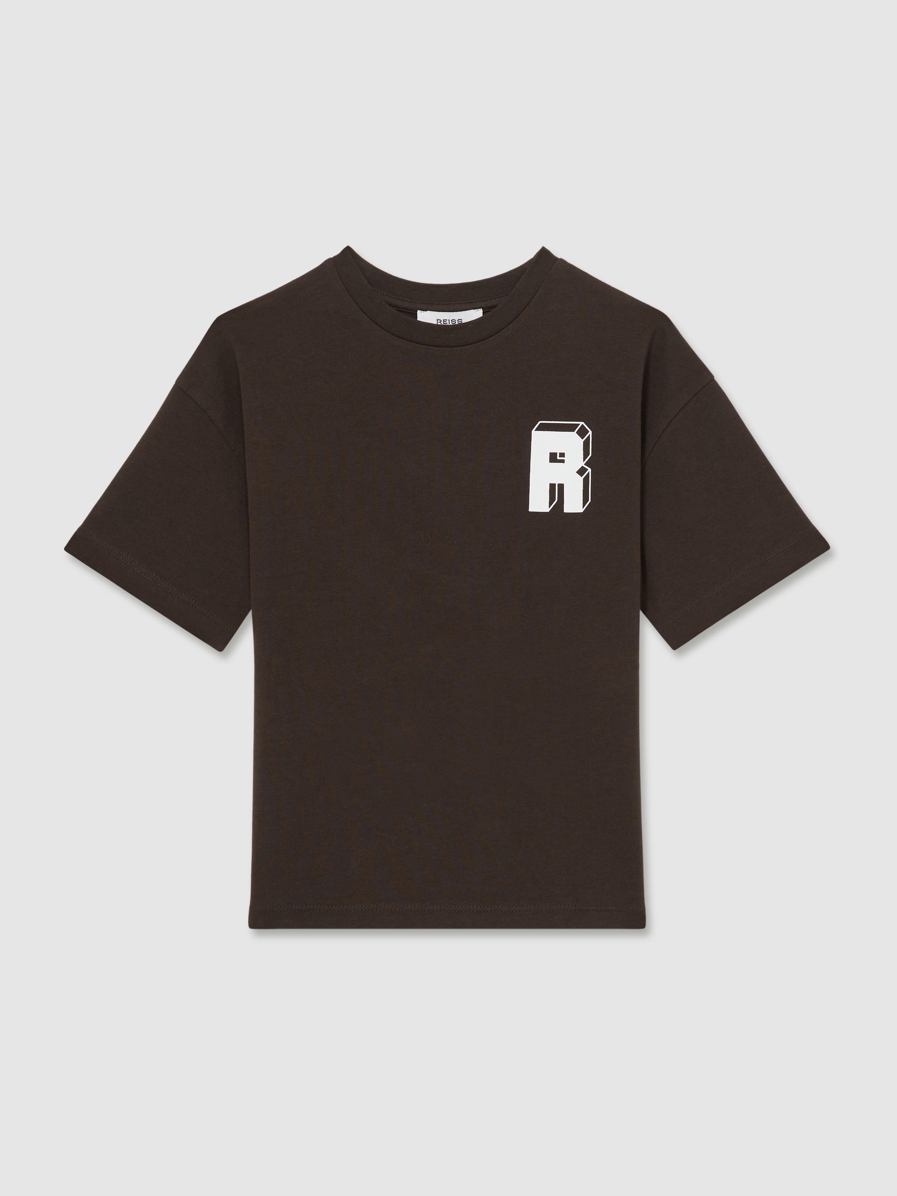 13-14 yrs Cotton Block-Logo Oversized T-Shirt in Chocolate Brown / Off White