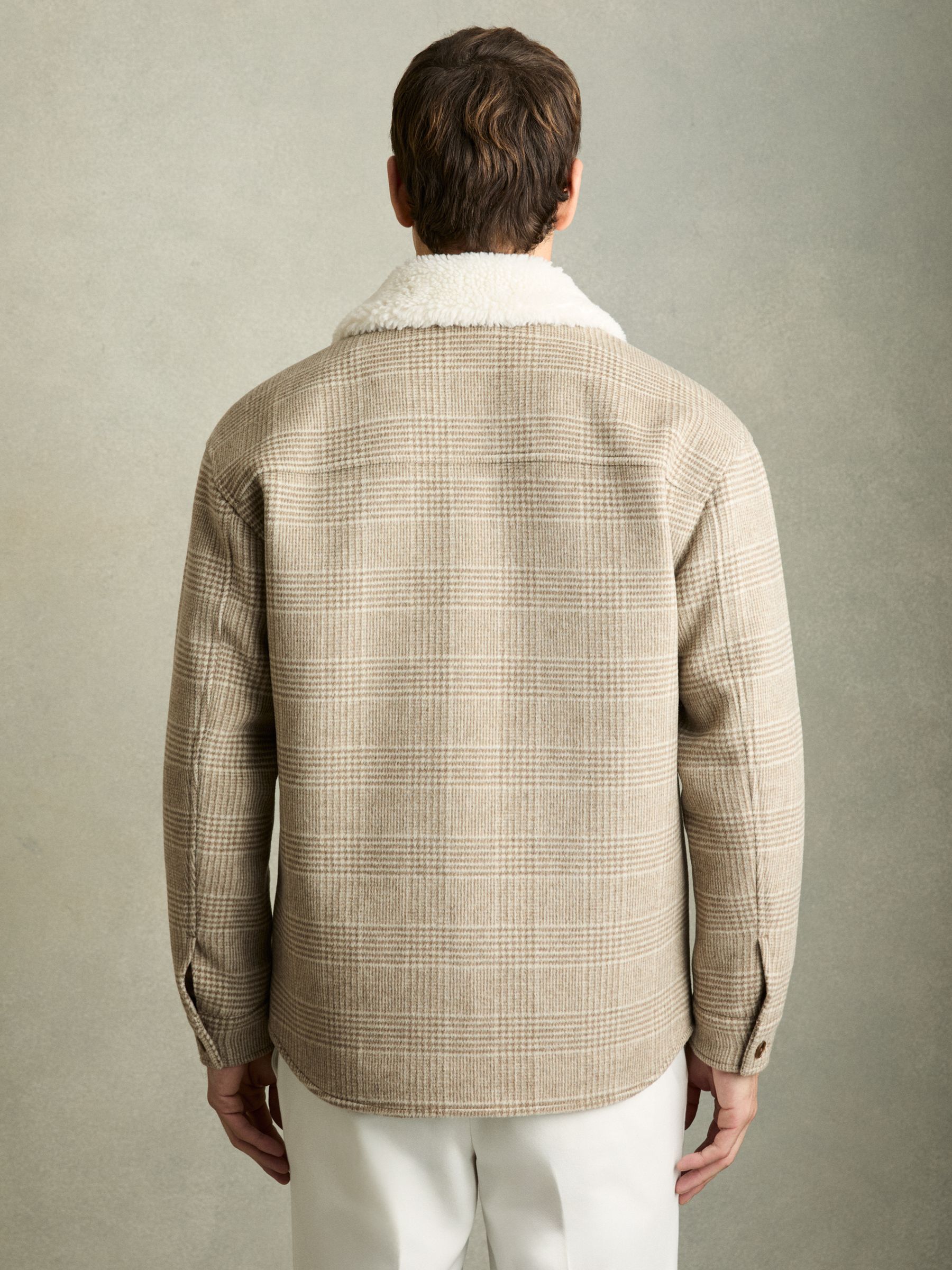 Wool-Blend Borg-Collar Check Overshirt in Oatmeal
