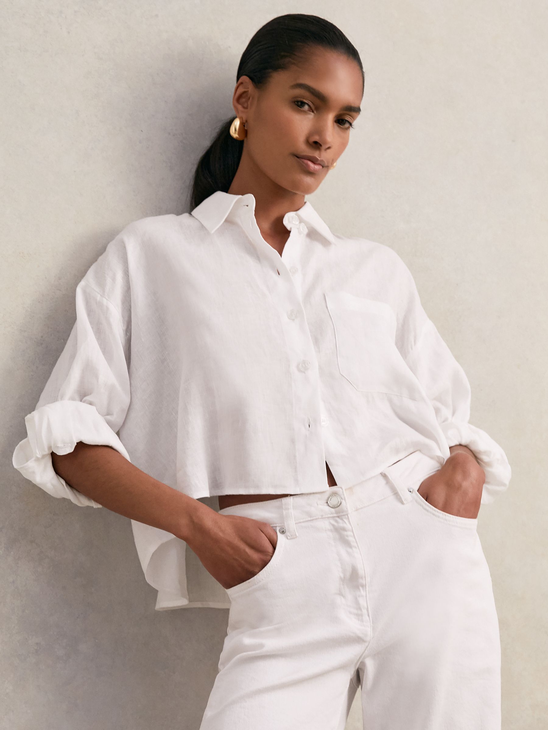 Oversize Linen Cropped Shirt in White