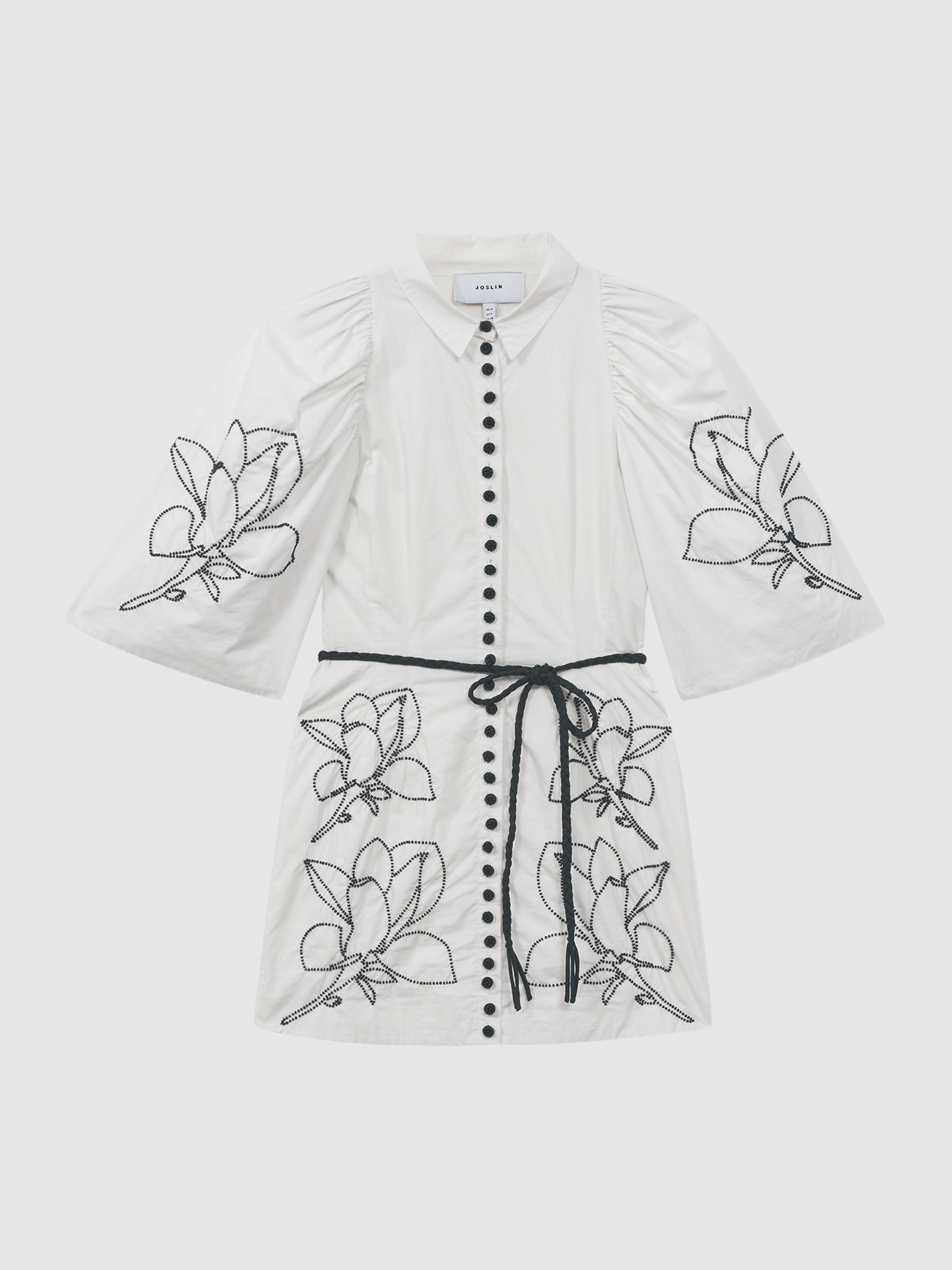 Joslin Beaded Cotton Shirt Mini Dress in White/Black