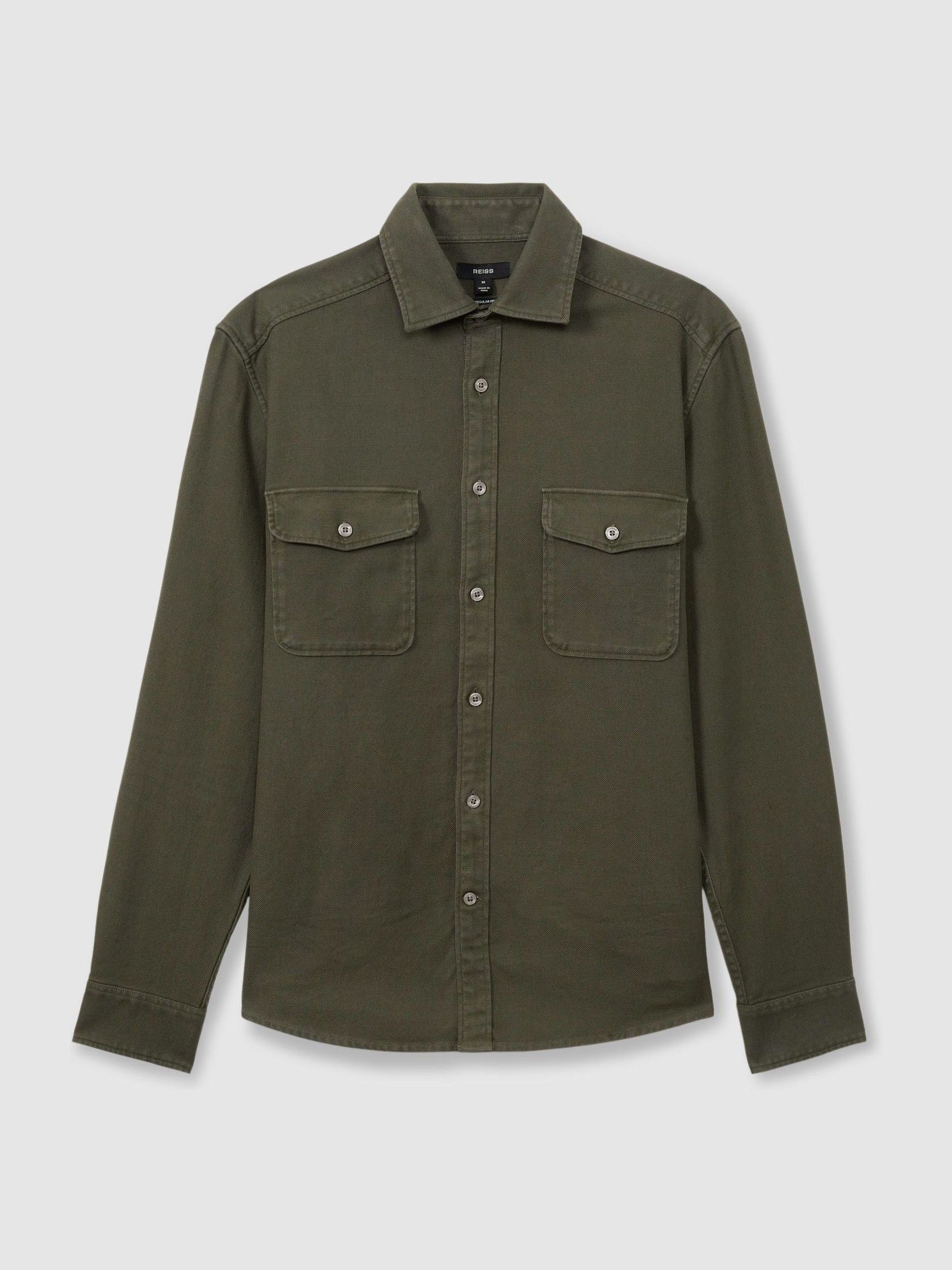 Cotton Blend Canvas Overshirt in Khaki Green