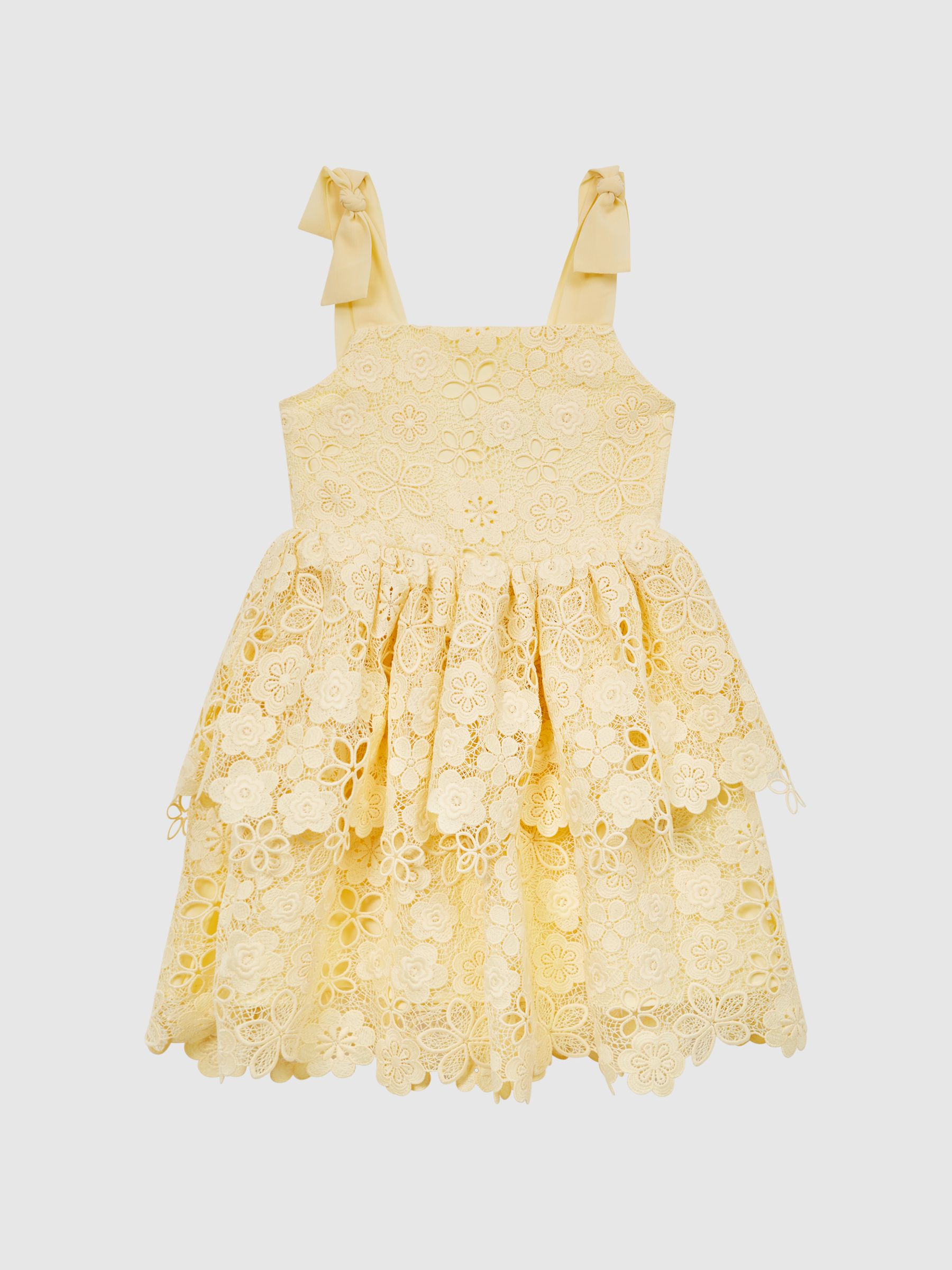 9-12 yrs Bow Strap Lace Dress in Lemon